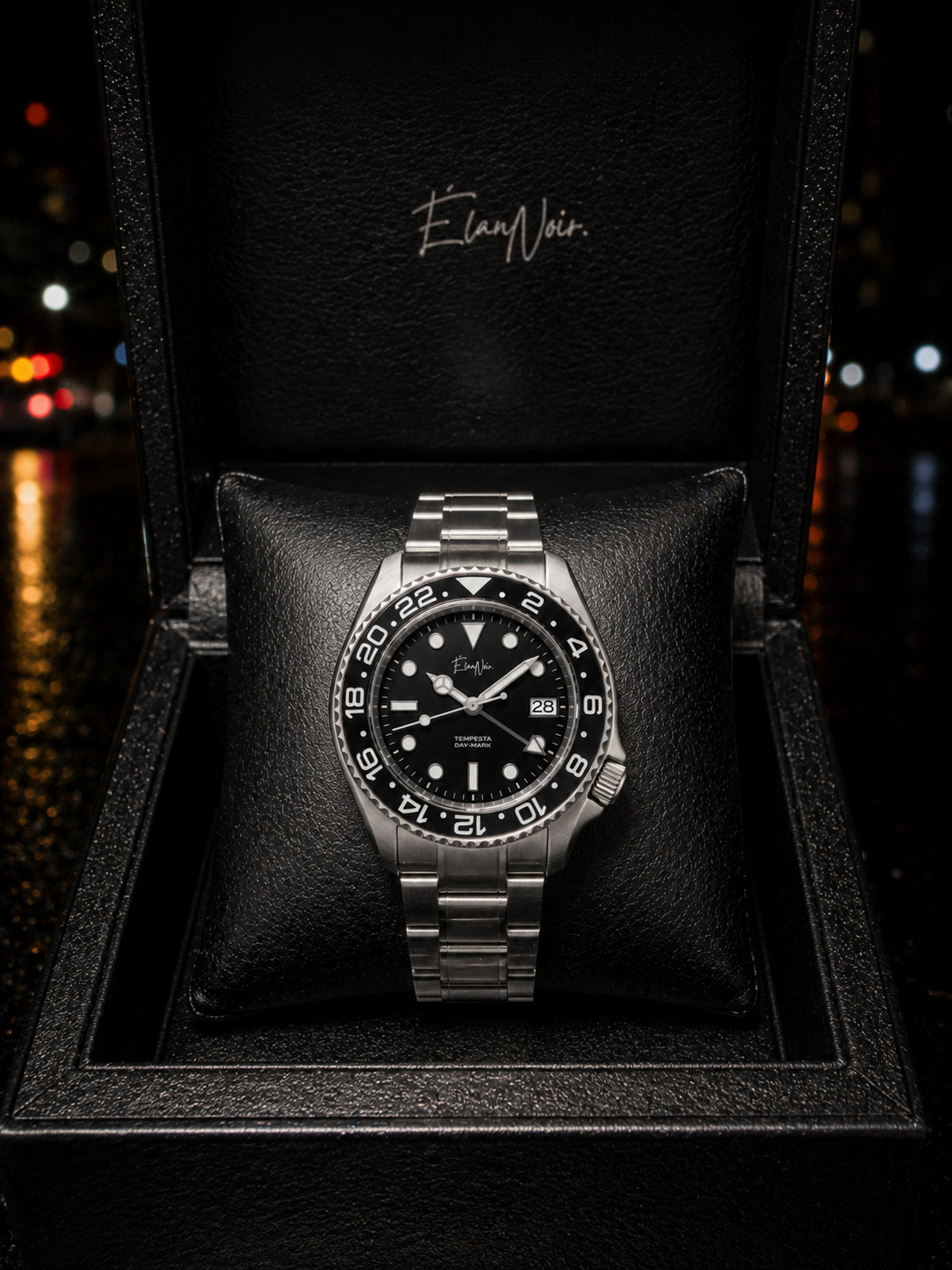 Men’s Automatic GMT Watch 41mm Black Dial Stainless Steel Élan Noir Tempesta