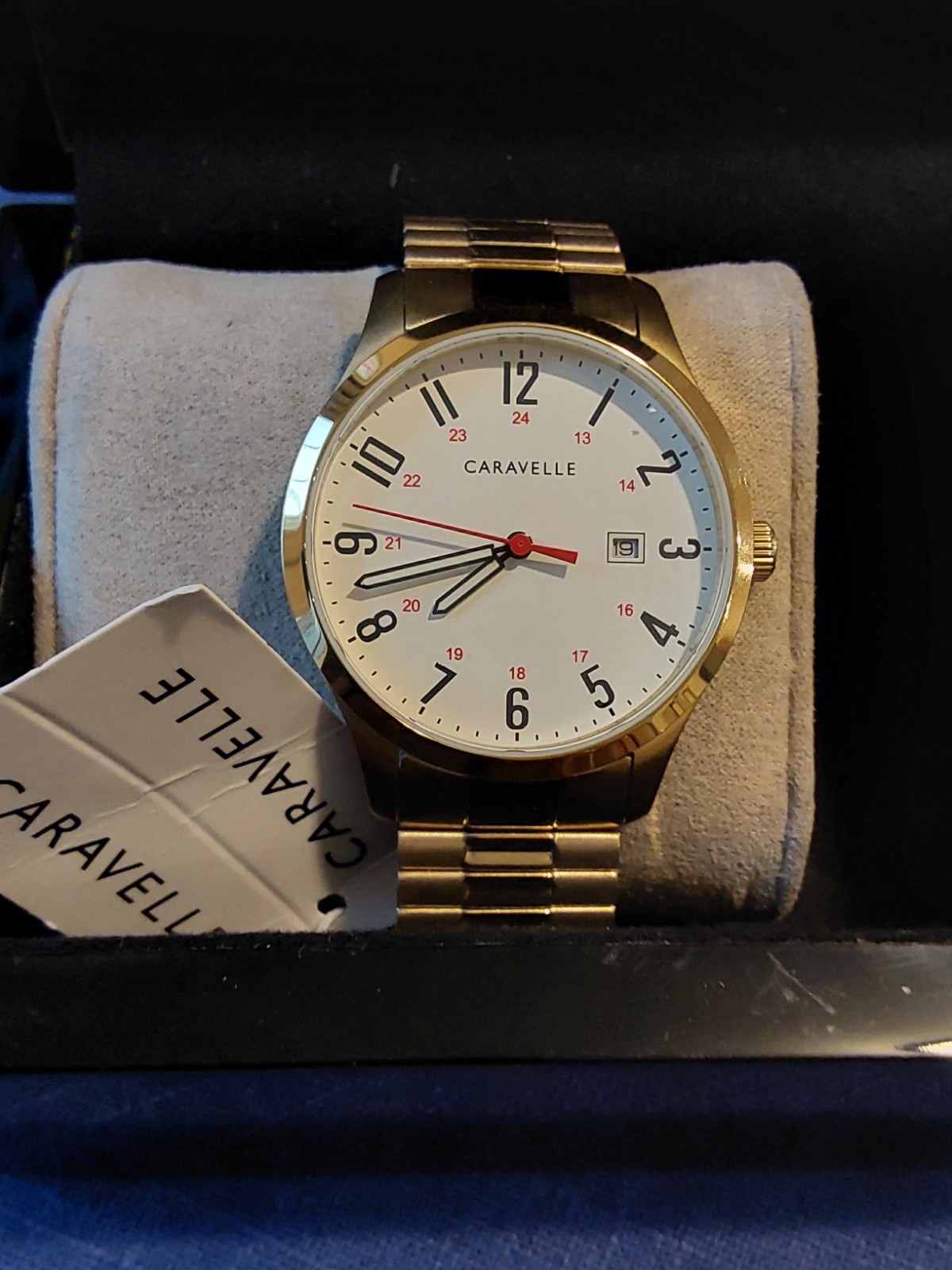 Caravelle Mens Quartz Date White Dial Gold Bracelet w/ Box