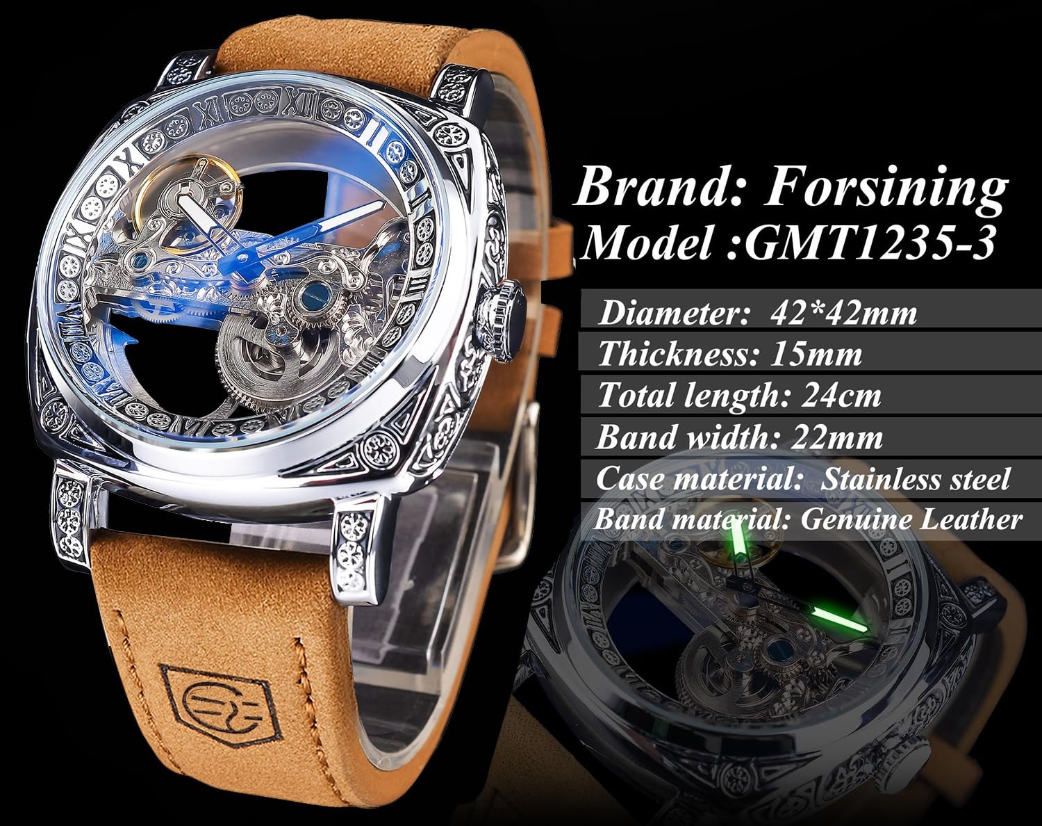 Men’s Luxury Square Carving Mechanical Watch, Retro Totem Double Sided Hollow…