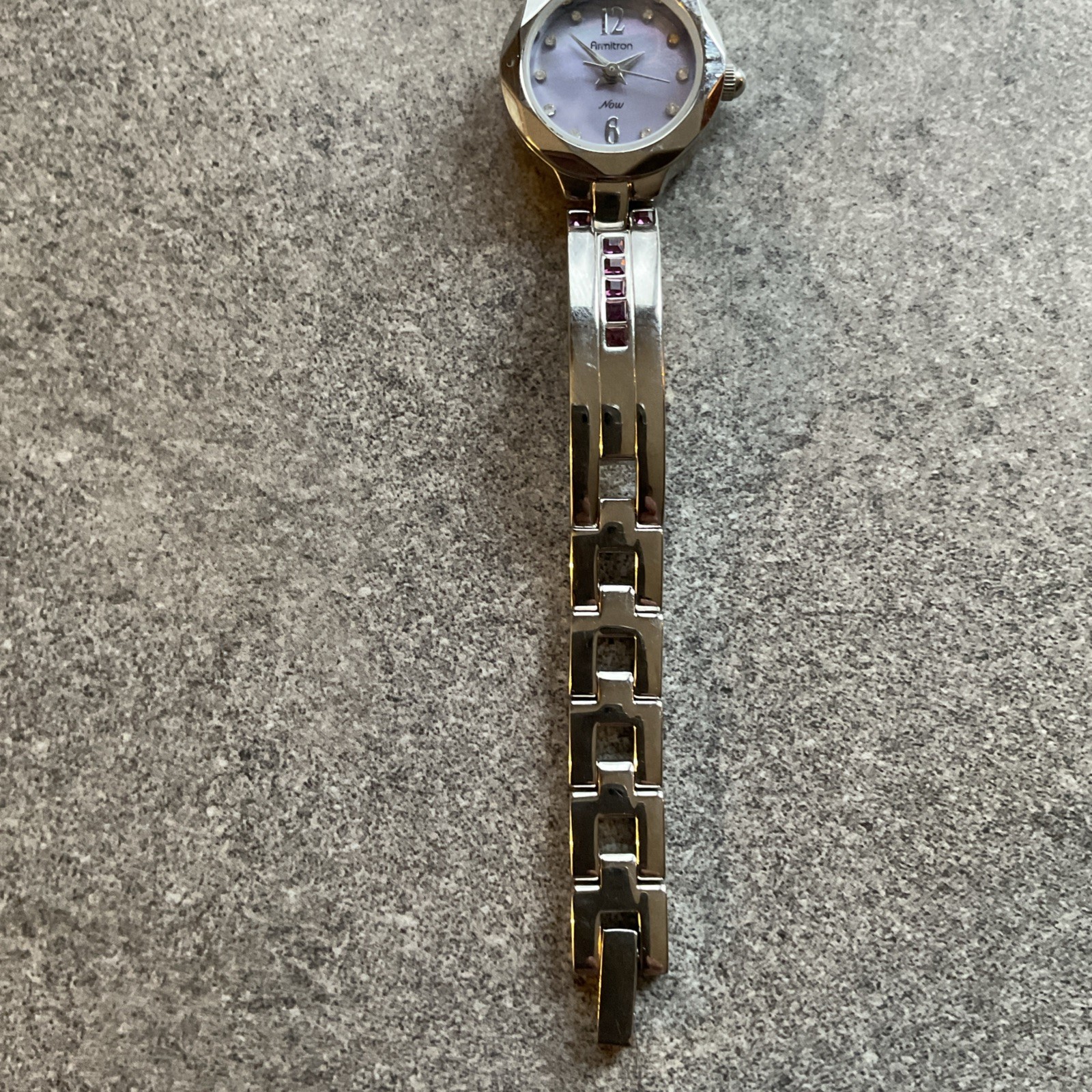 Beautiful Armitron Womens Watch 23mm Silver Tone Case/Band Purple MOP Dial Bin G