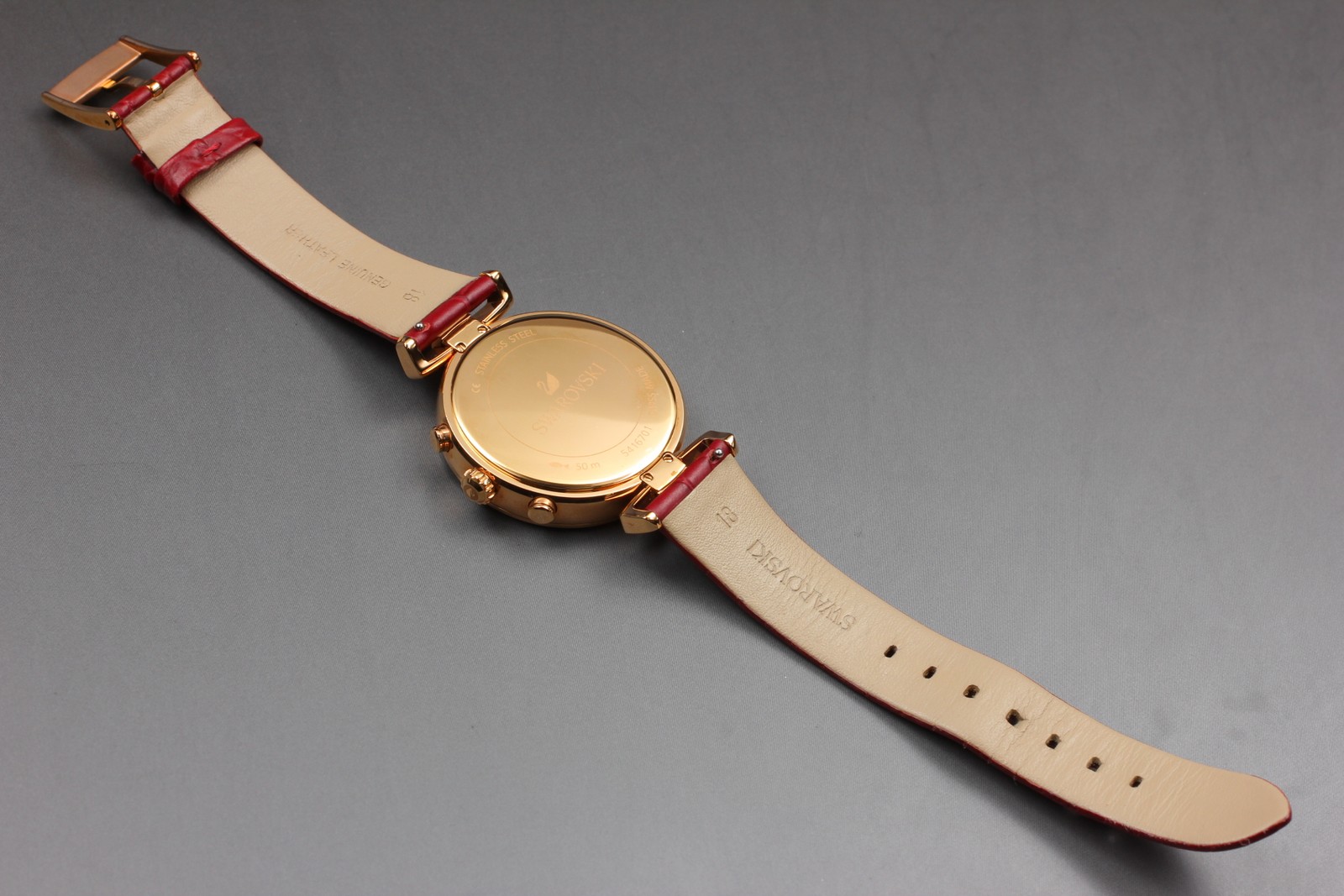 Top MINT Swarovski Chronograph Swiss Made Quartz Red Rose Gold Watch From JAPAN