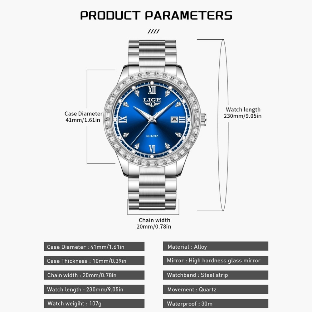 LIGE Men Watch Quartz Date Luminous 3ATM Waterproof Business Man Wristwatch