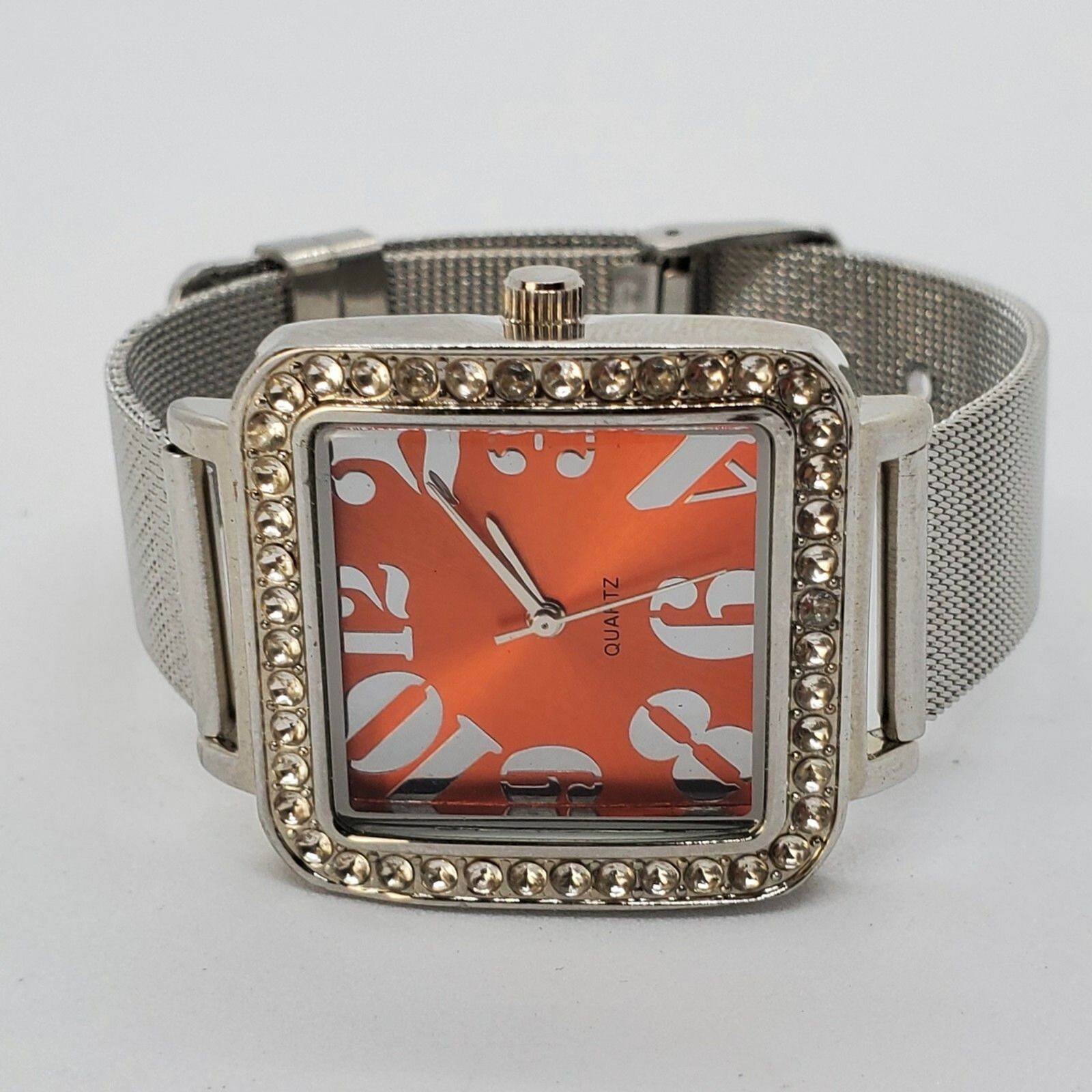 Women’s Watch 35MM Orange Dial Crystal Bezel Gray Bands Up to 7.75″ New Battery