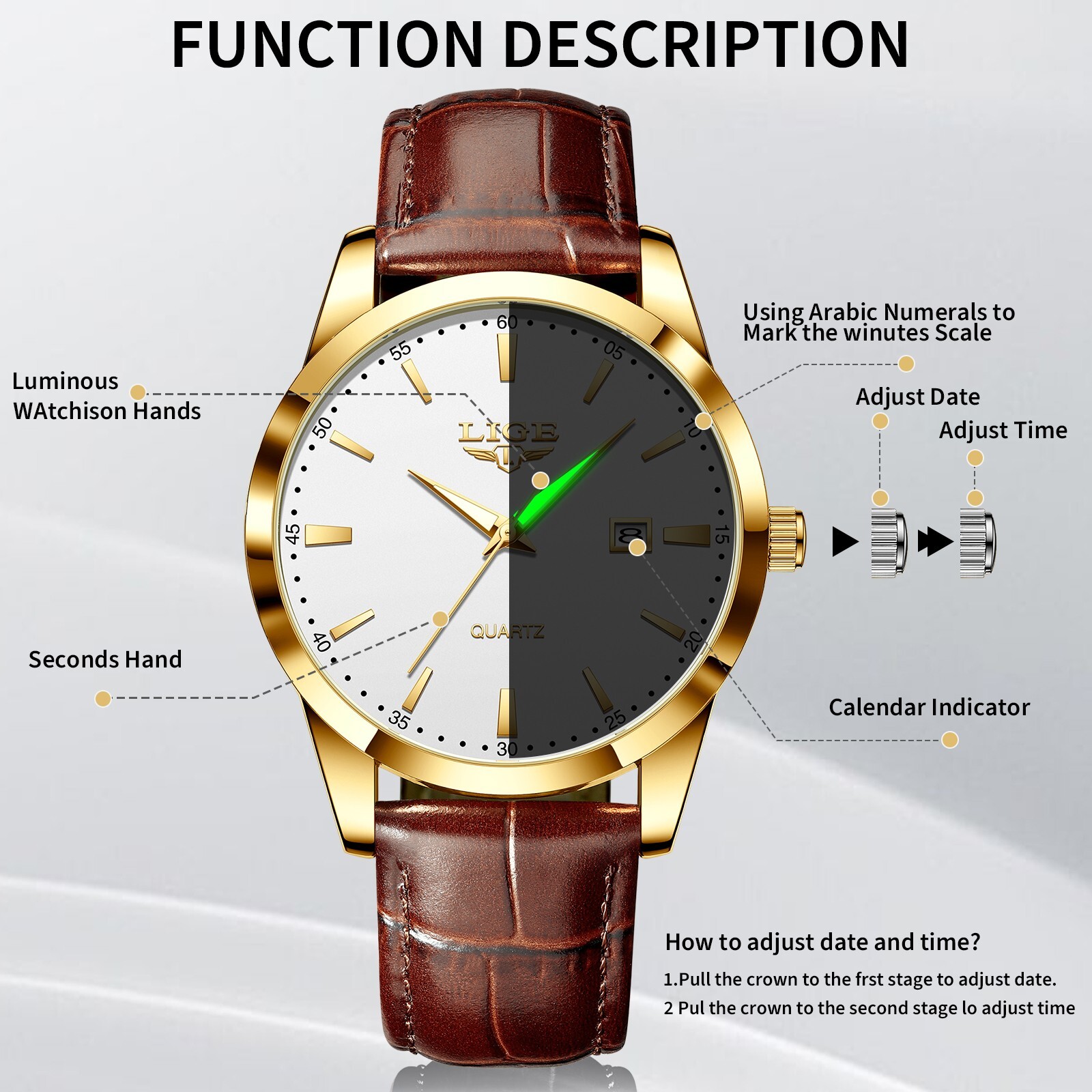 LIGE Men Watch Business Quartz Date Luminous Women Dress Wrist Watch Waterproof