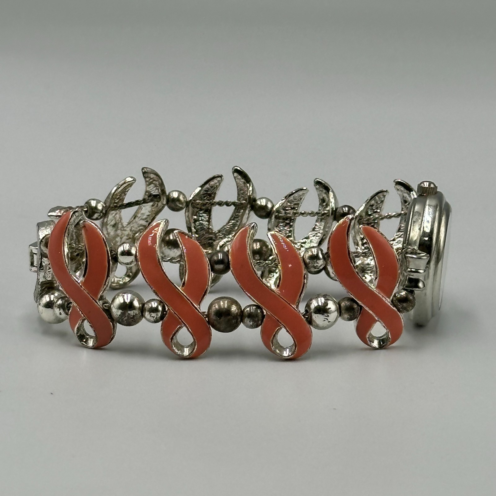 Vintage Jennie B Watch Breast Cancer Awareness Ribbon Band Silver Pink Works