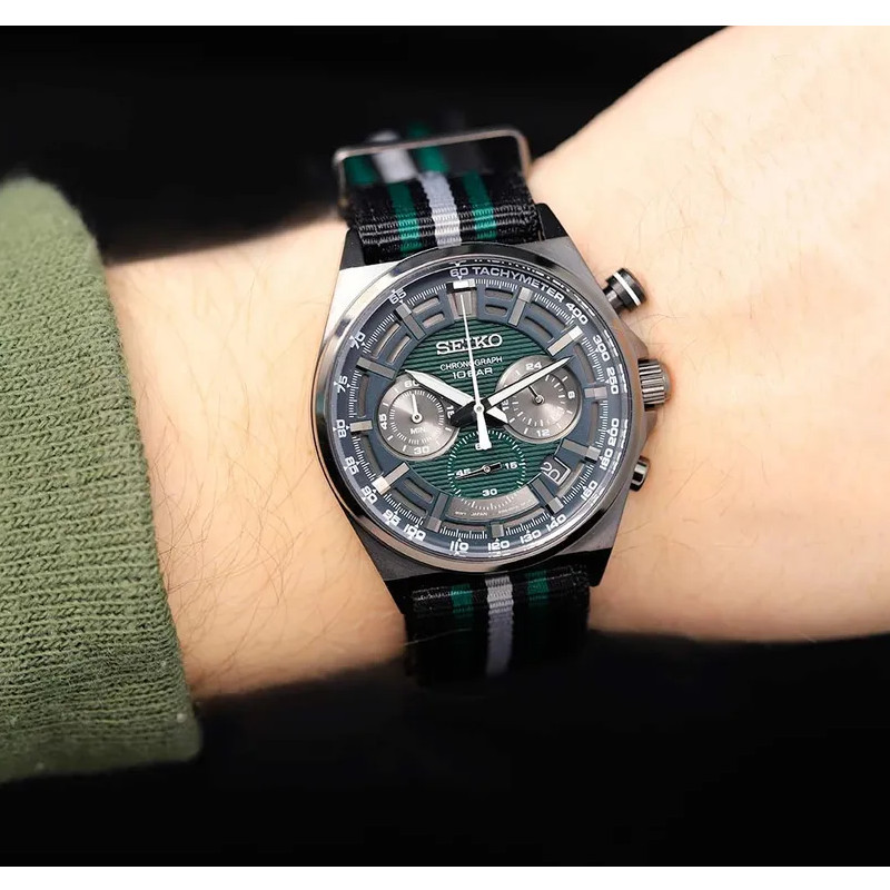 SSB411P1 Seiko Chronograph Discover More Green Dial Multi Color Nylon Strap