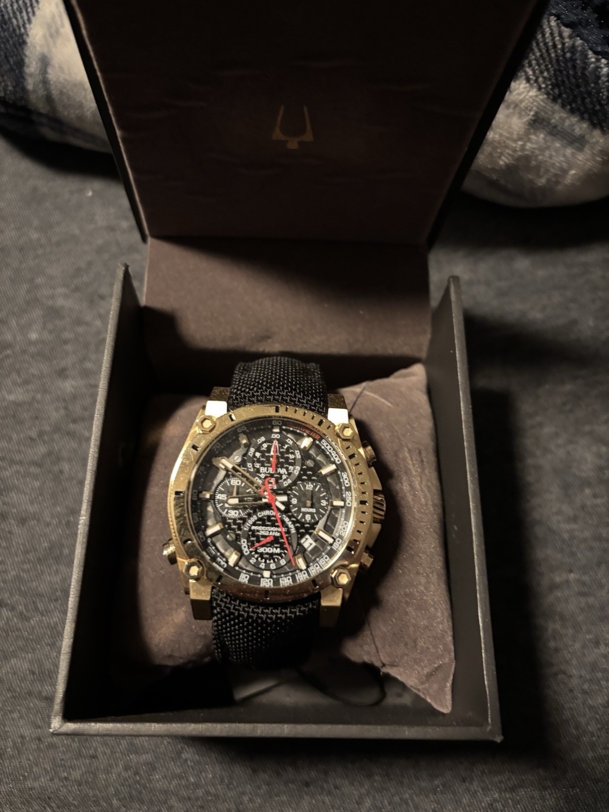 Bulova Precisionist Men’s Chronograph Date 300m Black Dial Gold 46.5mm Box