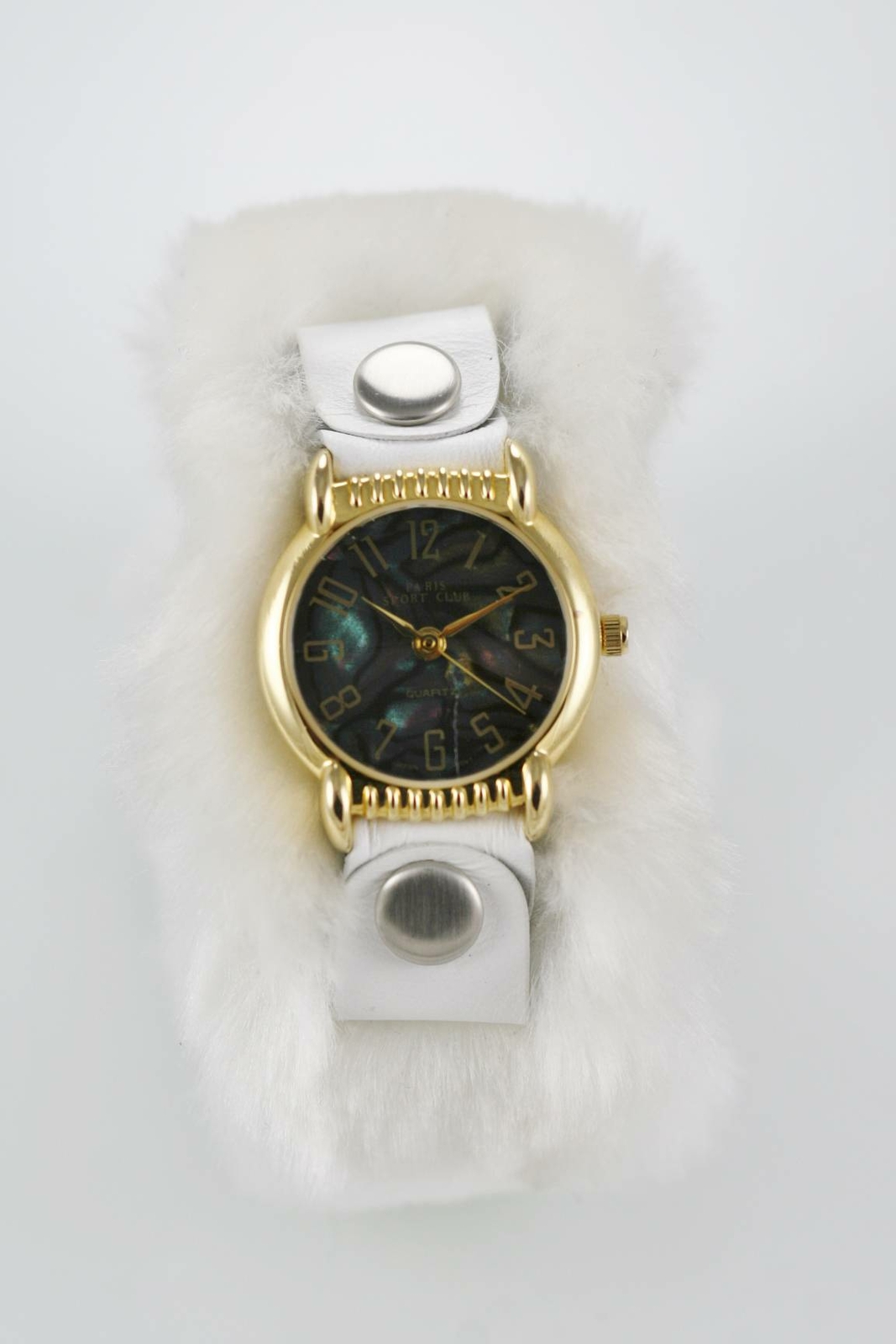 Paris Sport Club Watch Womens Stainless Gold White Faux Fur Black Abalone Quartz
