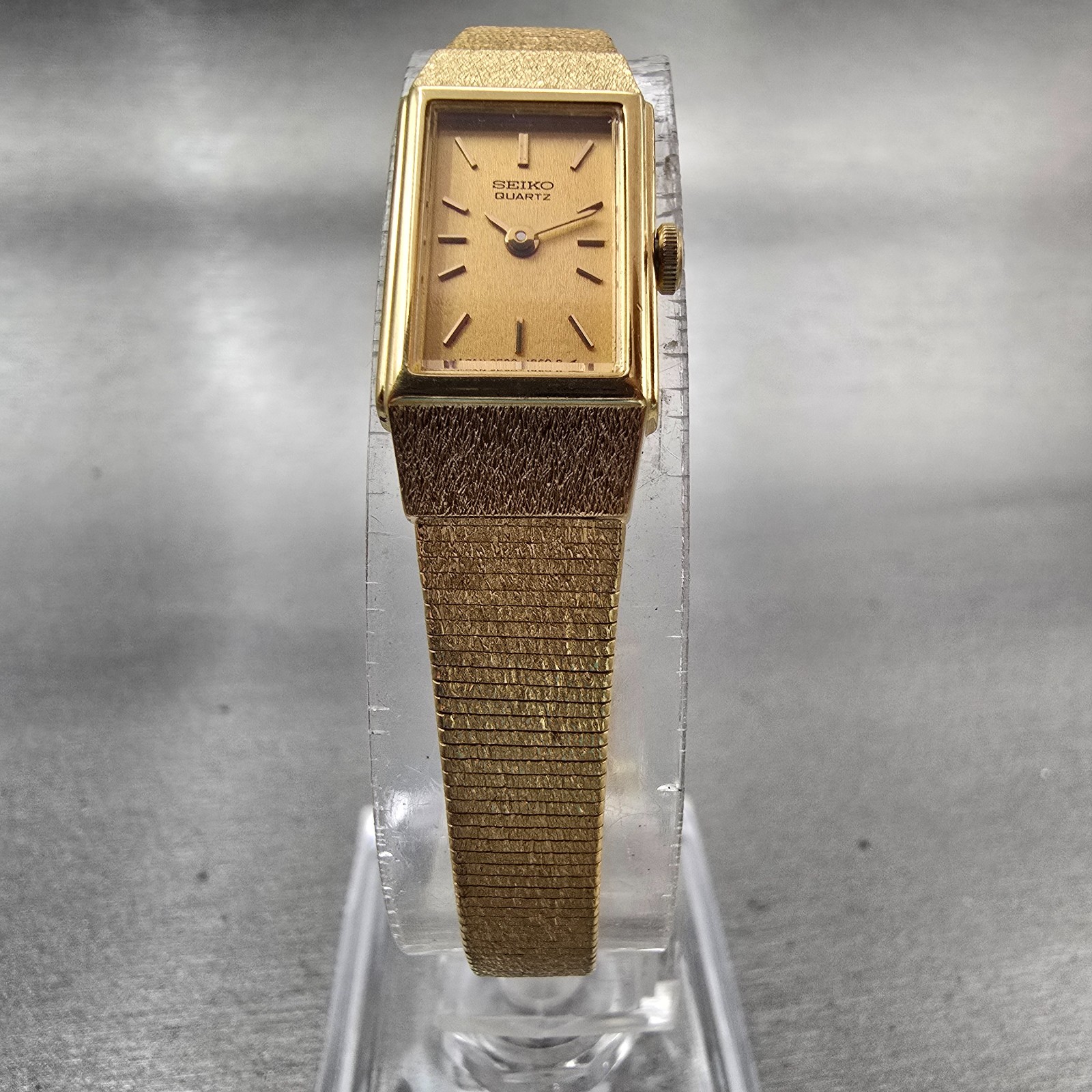 Seiko Watch Women 12mm Gold Dial Gold Tone Rectangle 2E20-6479 New Battery VTG