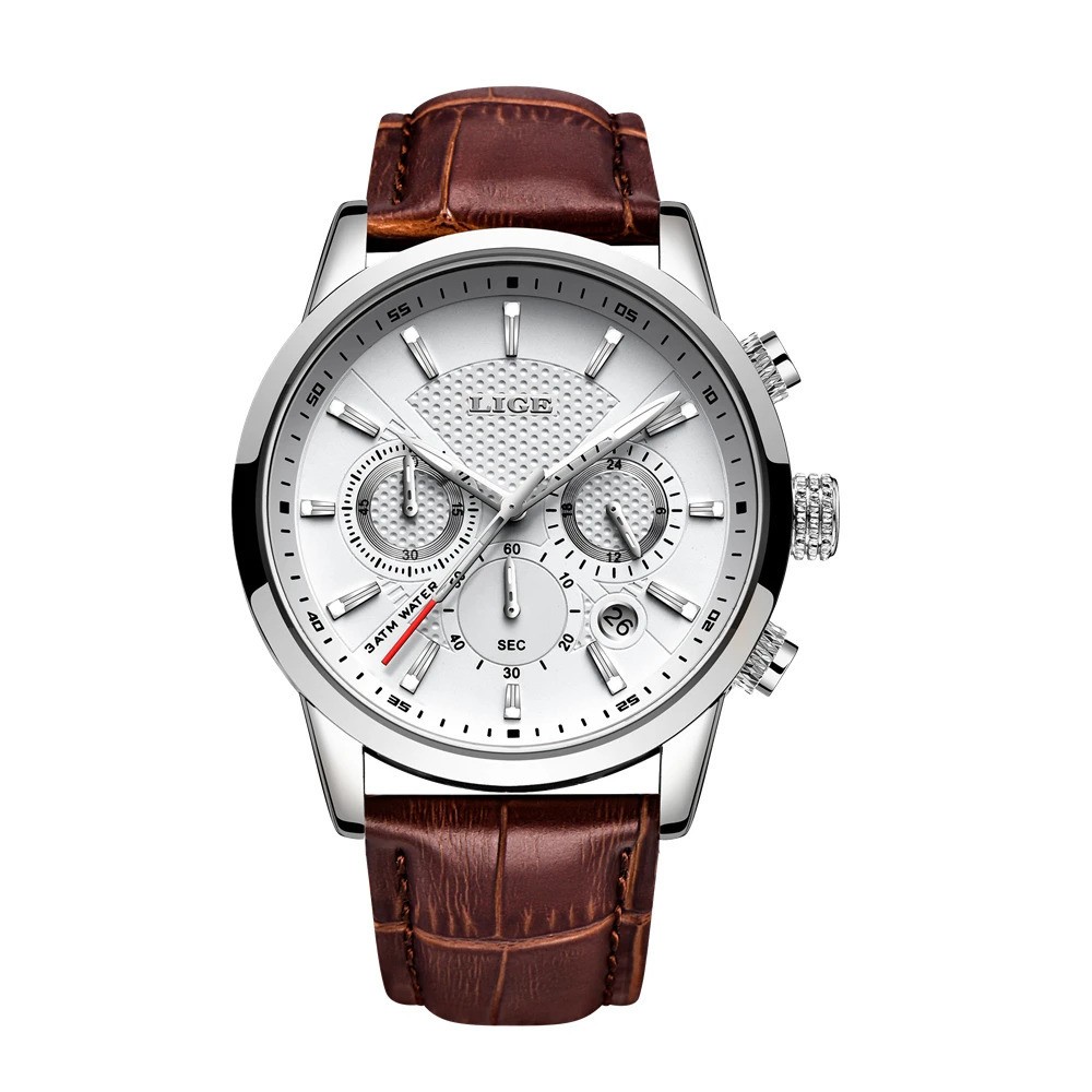 LIGE Men’s Luxury Chronograph Leather Strap Quartz Watch Waterproof Analog Date