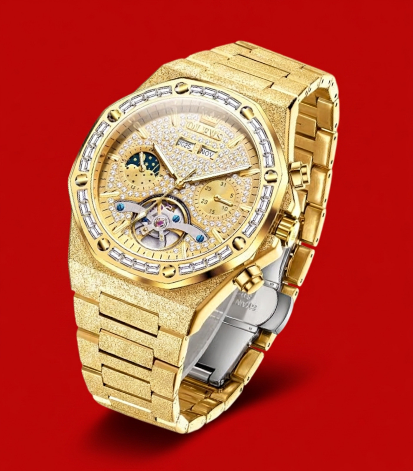 Men’s Luxury Jewel Business Watch Self Winding Wristwatch Gold Dial Bling Olevs