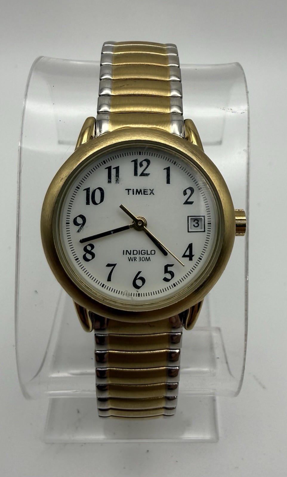 Timex Indiglo Quartz Casual Two-Tone SS Bracelet White Arabic Dial Date WR30M
