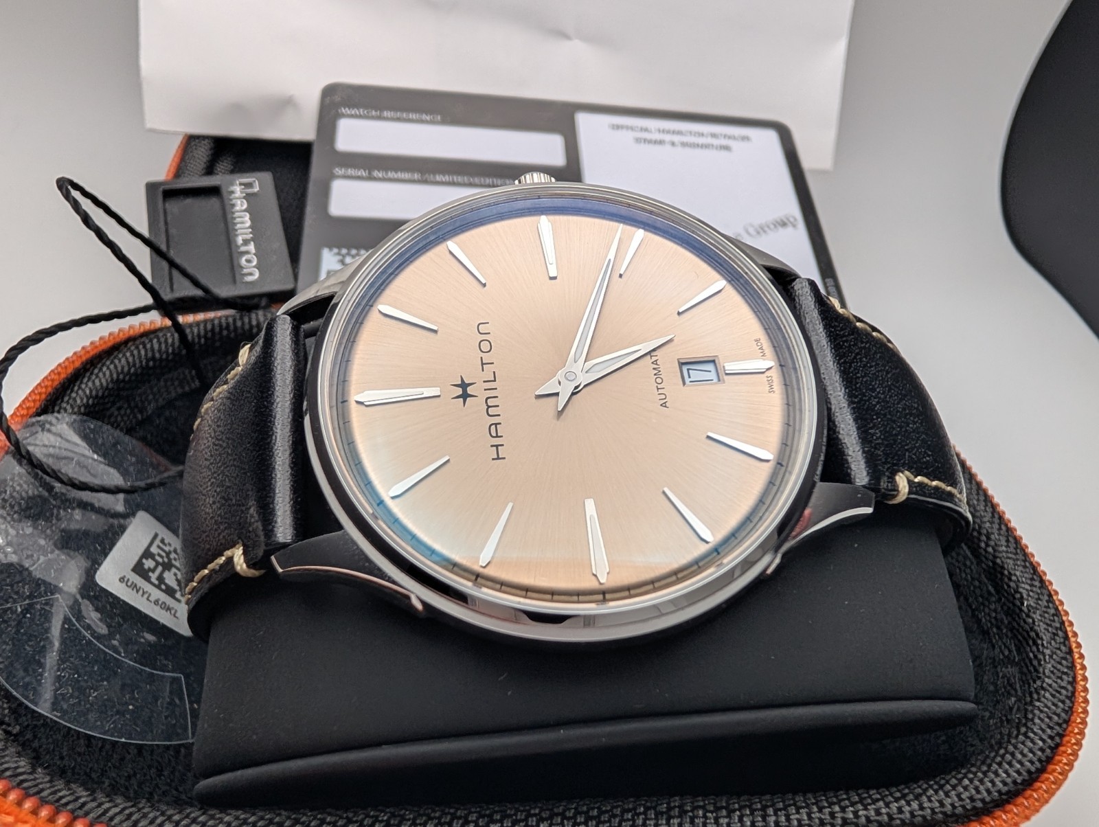Hamilton Jazzmaster Beige Swiss Automatic Watch w/ Black Leather Strap – H385250