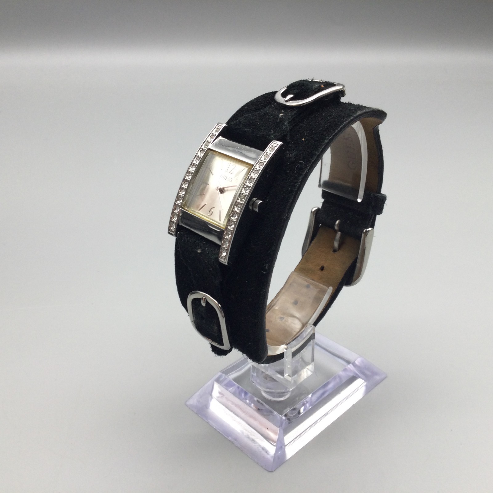 Guess Watch Women G66222L 22mm Silver Tone Bling Black Leather Band New battery