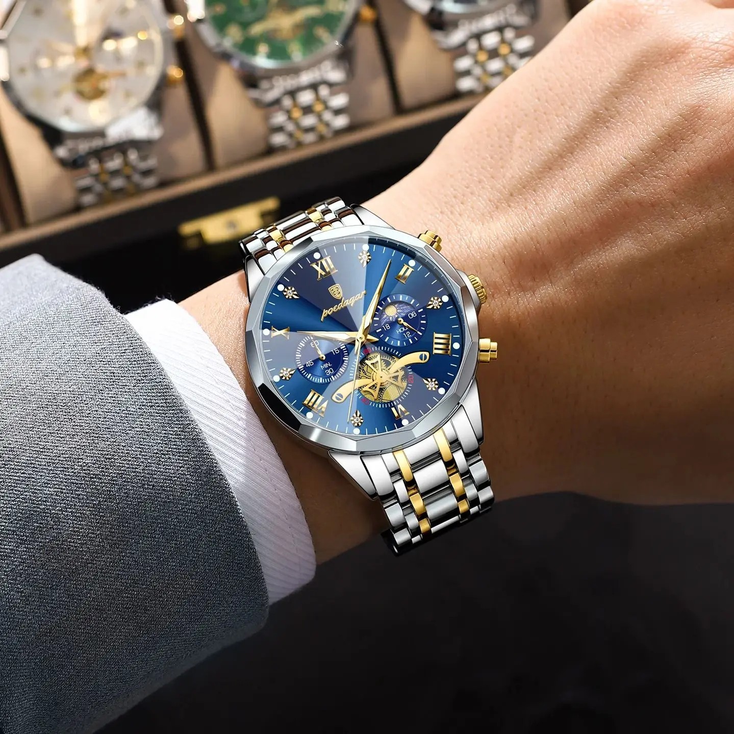 POEDAGAR Mens Quartz Watch Stainless Steel Waterproof Luminous Chronograph