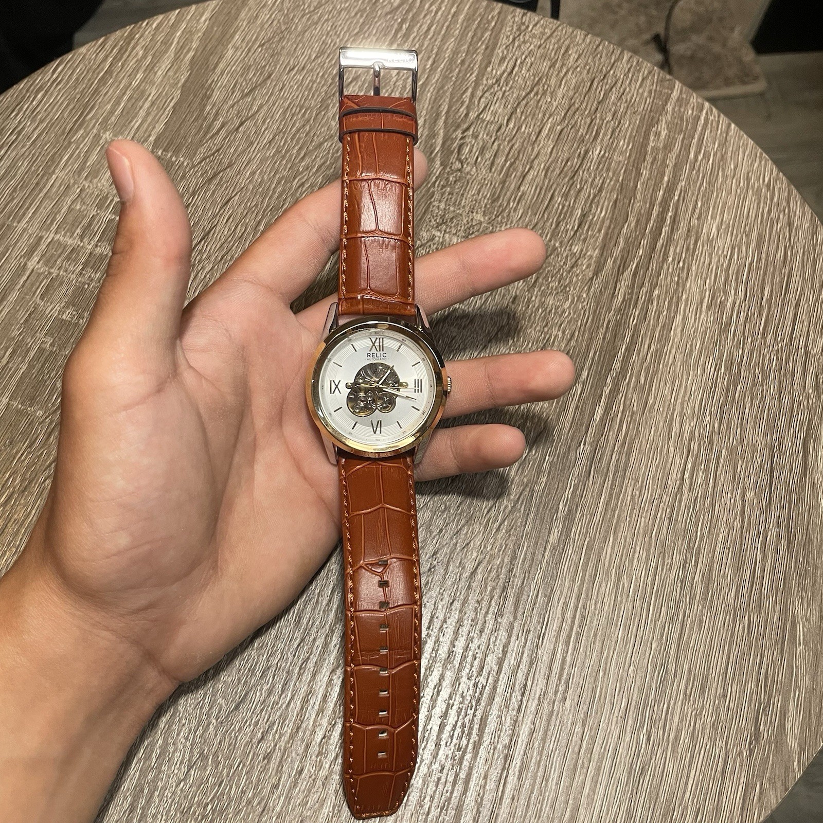 Relic Automatic Skeleton Dial Watch 42mm 50m Silver Dial Brown Leather Strap