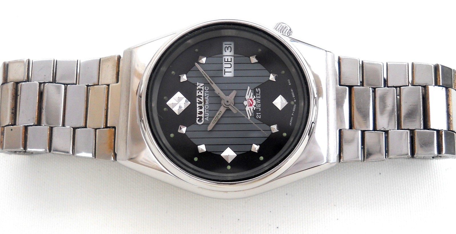 Vintage Citizen Automatic Watch Unisex Black Striped Diamond Dial Pristine Japan