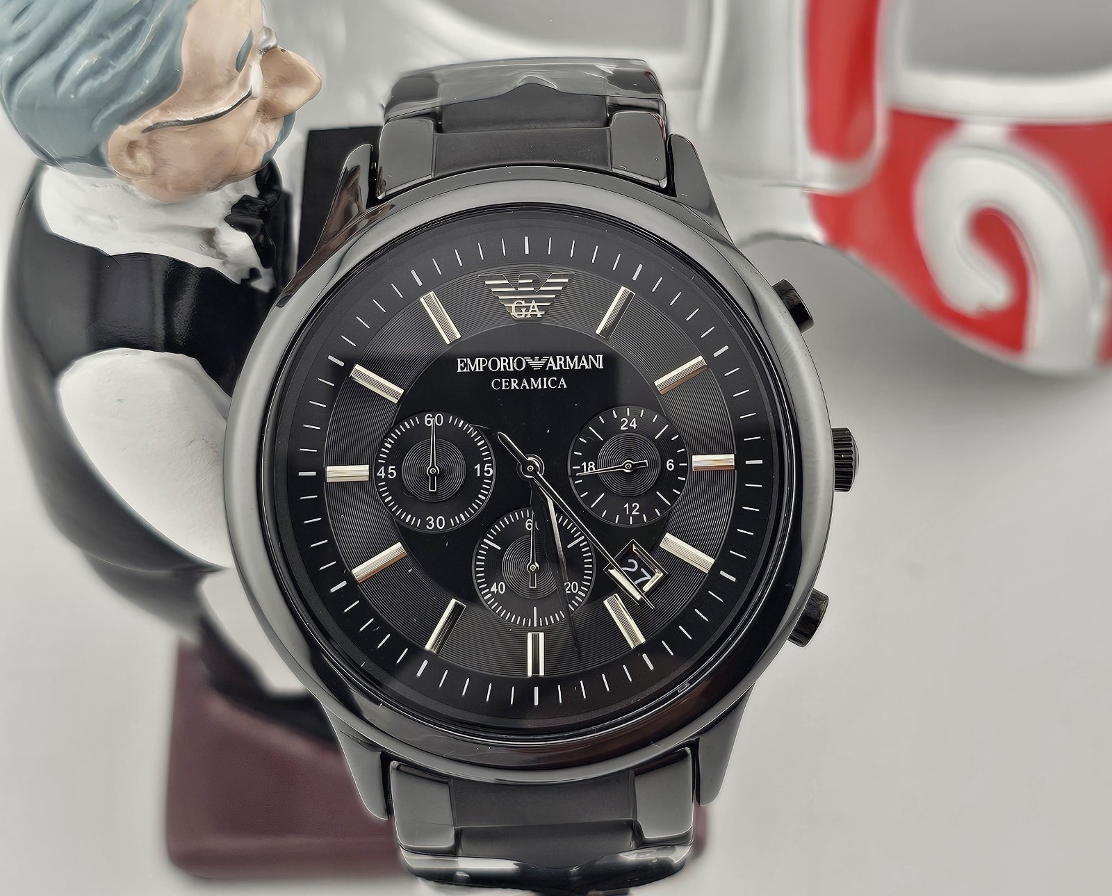 EMPORIO ARMANI MENS WATCH AR1451 BLACK CERAMIC STRAP AND BLACK DIAL AUTHENTIC UK