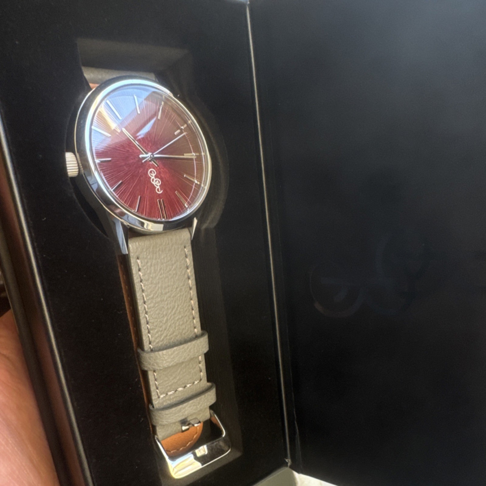 Beyond Boring Quartz Analog Red Sunburst Dial Silver Case Gray Vegan Leather St…