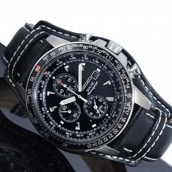 SEIKO SOLAR SSC009P2 Chronograph Flight Master Watch V172 Leather Date NOS PILOT