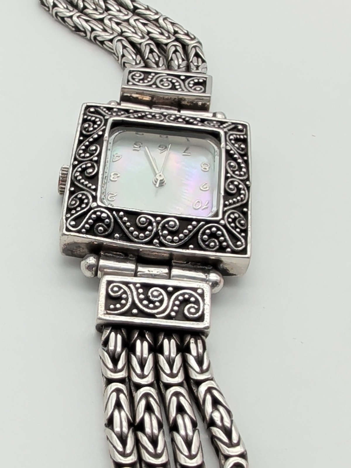 Vtg Bali Suarti Sterling Silver Mother Of Pearl Quartz Wristwatch Bracelet 66g