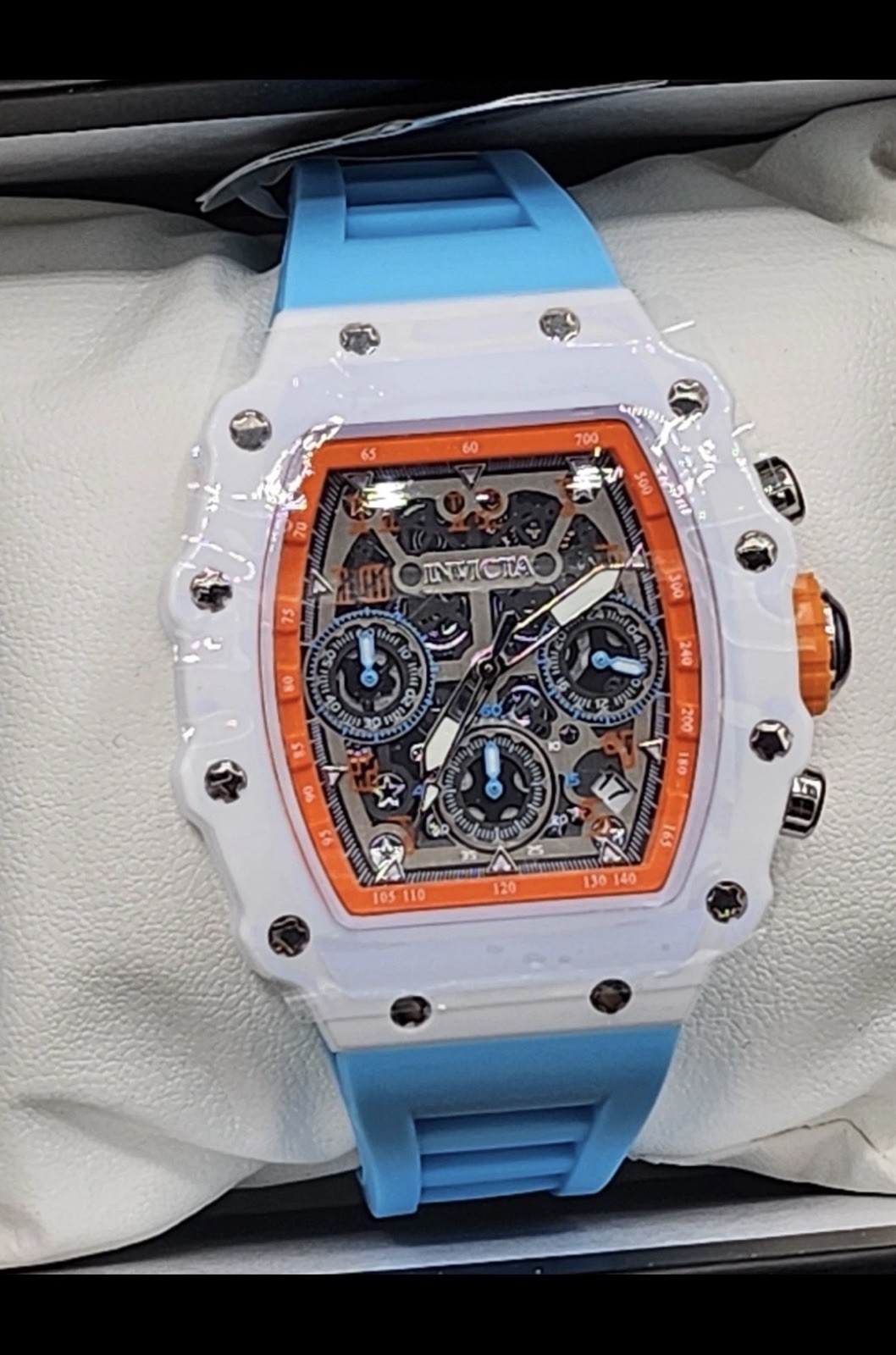 Invicta Chronograph Date Tonneau Watch White Case Orange Bezel Blue Strap Box