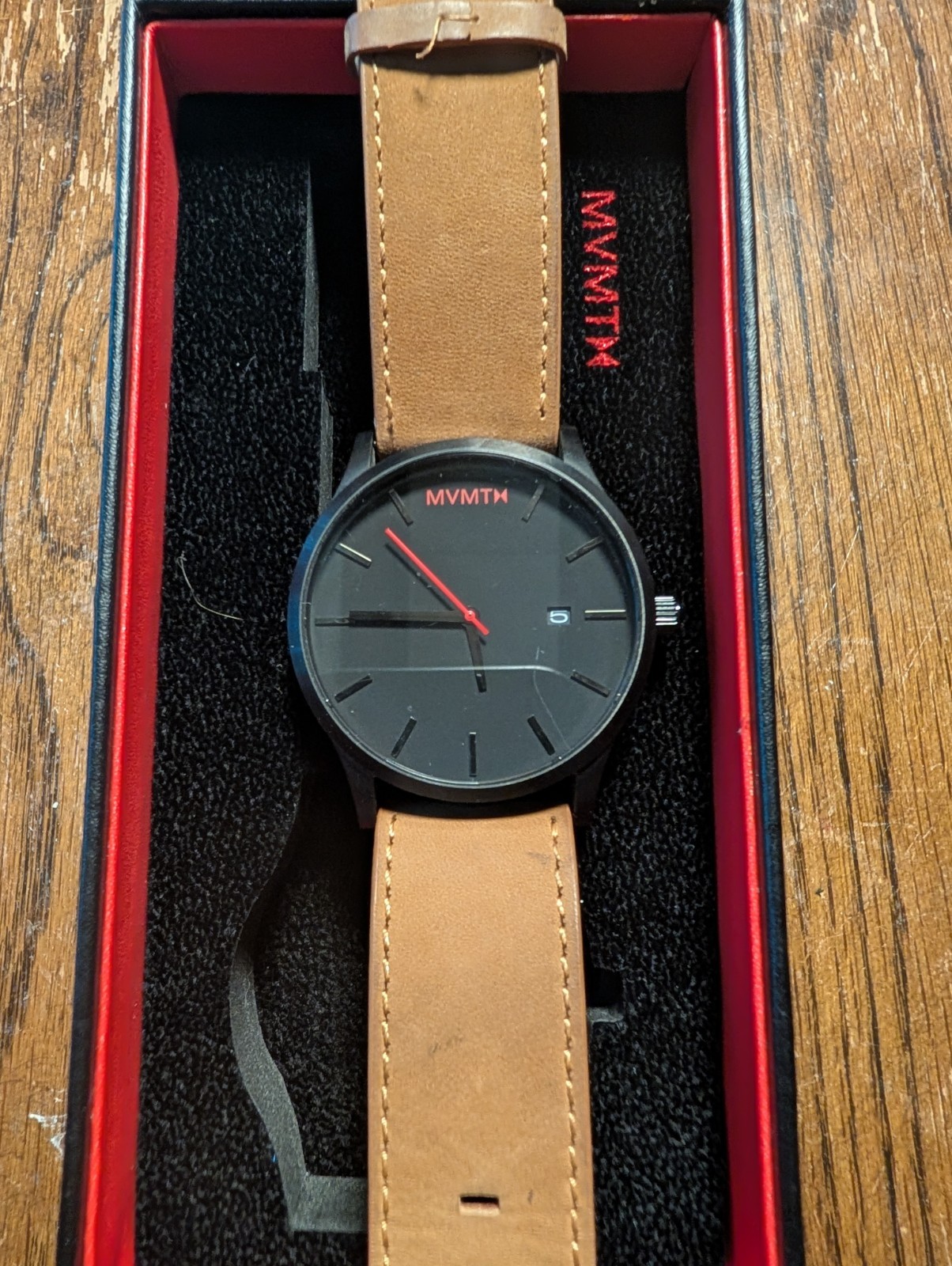 MVMT By Movado Men’s Classic Tan Leather Watch 45mm Black Dial With Box! Runs