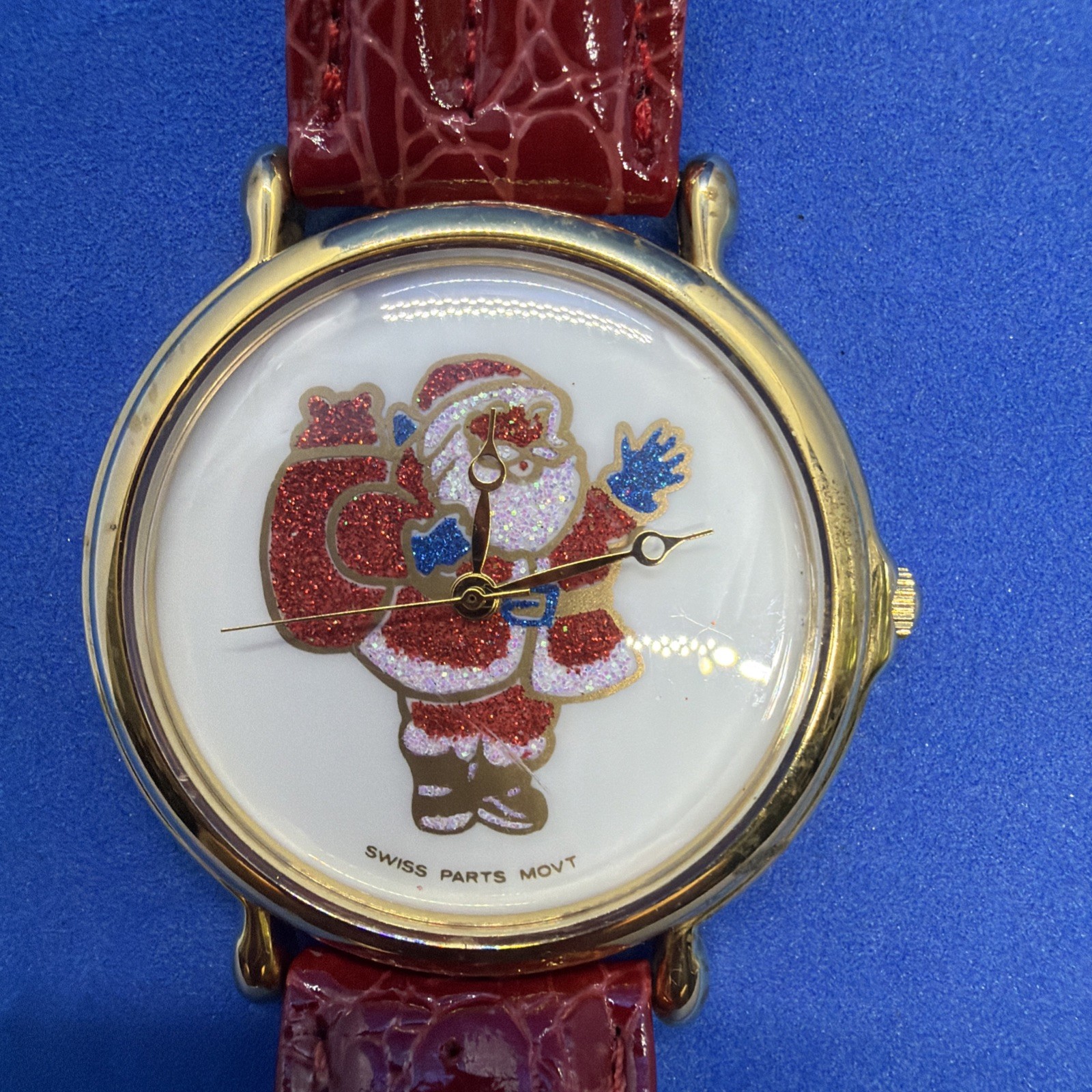 Vintage Christmas Santa Glitter Dial Gold Tone Watch With Red Leather Band