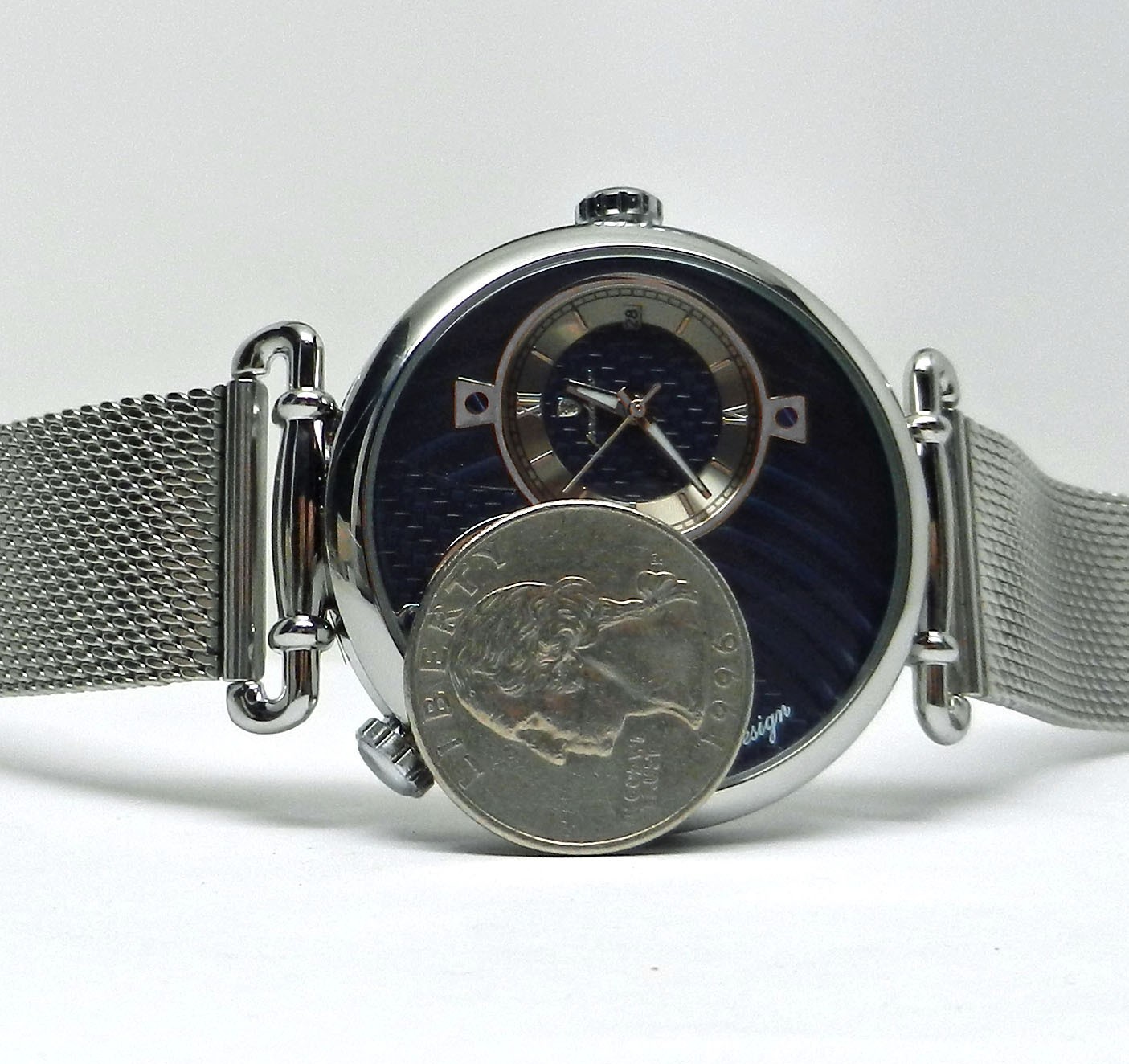 Men’s Dual Time 44mm Textured Blue Date Dial Stainless Steel Mesh Strap Watch
