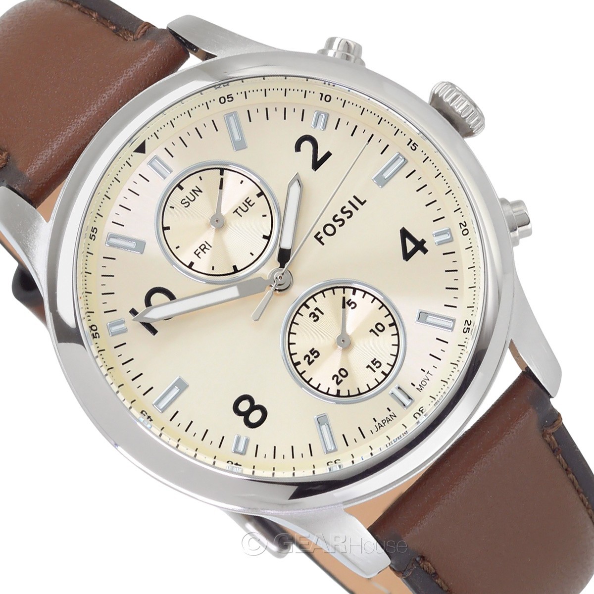 FOSSIL Bennett Mens Multifunction Watch Cream Dial Day Date, Brown Leather Strap