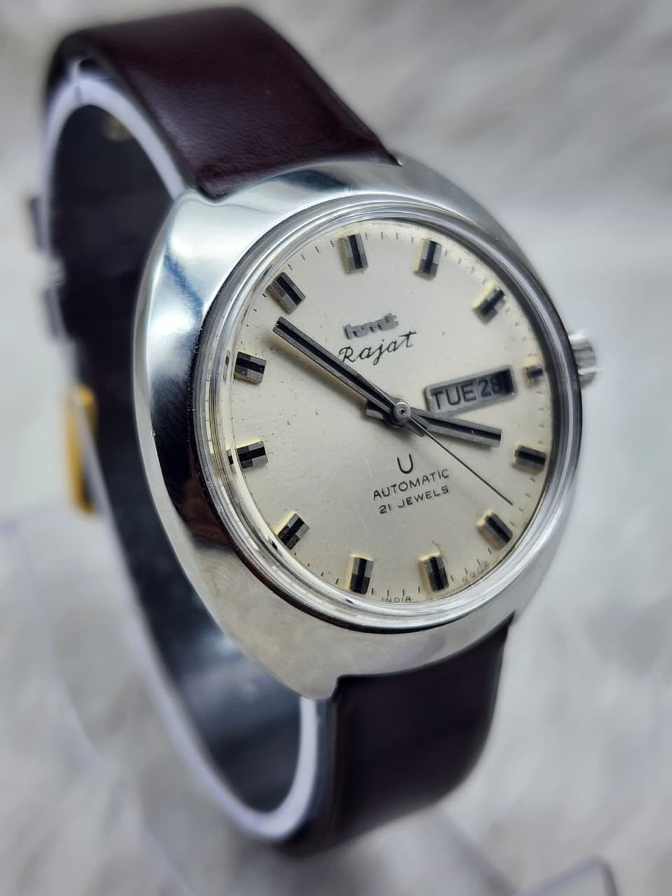 Vintage HMT Rajat Automatic 21 Jewels Day Date Men’s Watch India Cushion Case