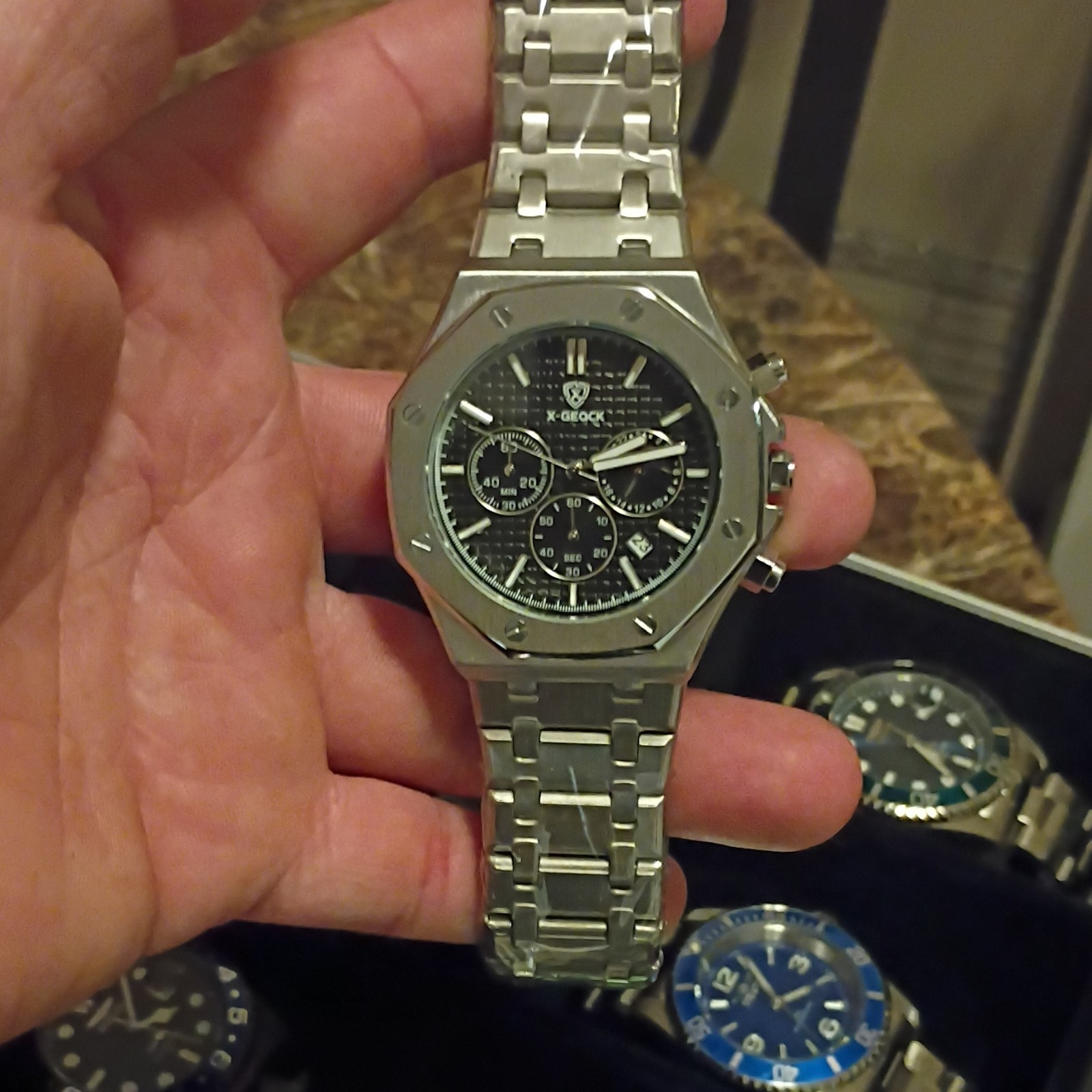 X-GEACK Men’s Quartz Chronograph Date Octagon Watch Silver Bracelet Black Dial