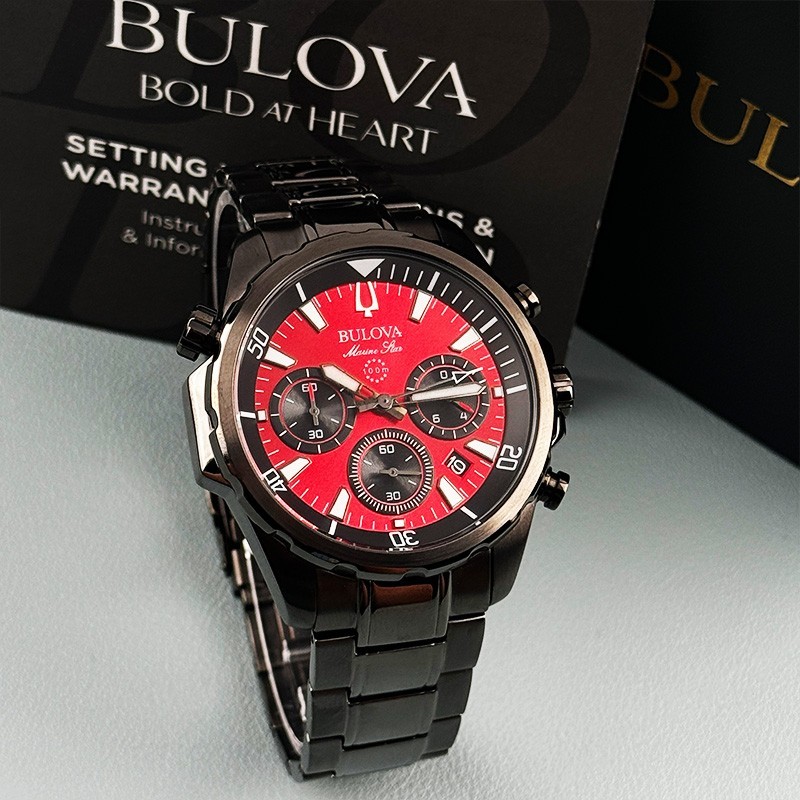 Bulova Marine Star 98B350 Chronograph Men’s Quartz Watch Red Dial 43mm