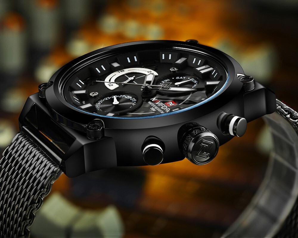 Naviforce Carbon Fiber Wrist Watch Quartz Japan Movement Stainless Mesh Band
