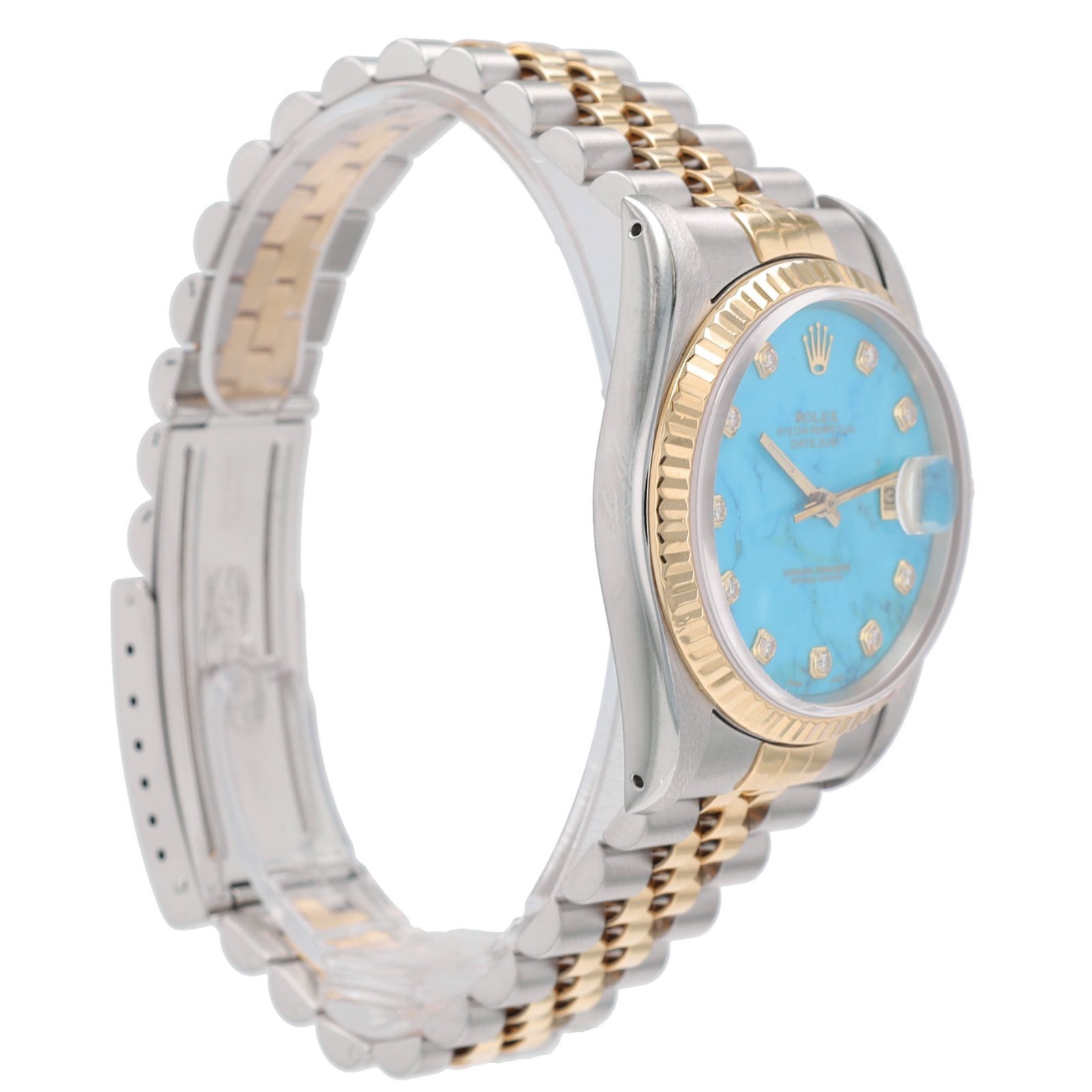 Rolex Datejust 16233 Two-Tone 18KY & Steel Diamond Turquoise Stone Dial Watch