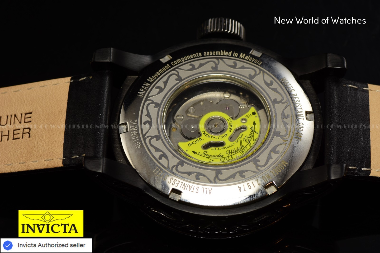 Invicta Men’s Vintage 52mm Automatic MOP Dial Black Tone Leather Strap Watch