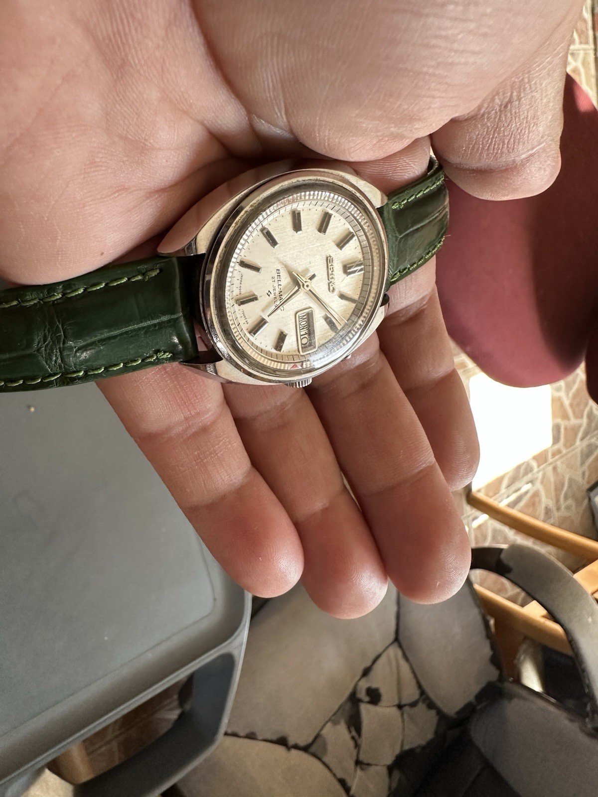 Seiko Bell-Matic Automatic 27J Day/Date Silver Dial Green Leather Men’s