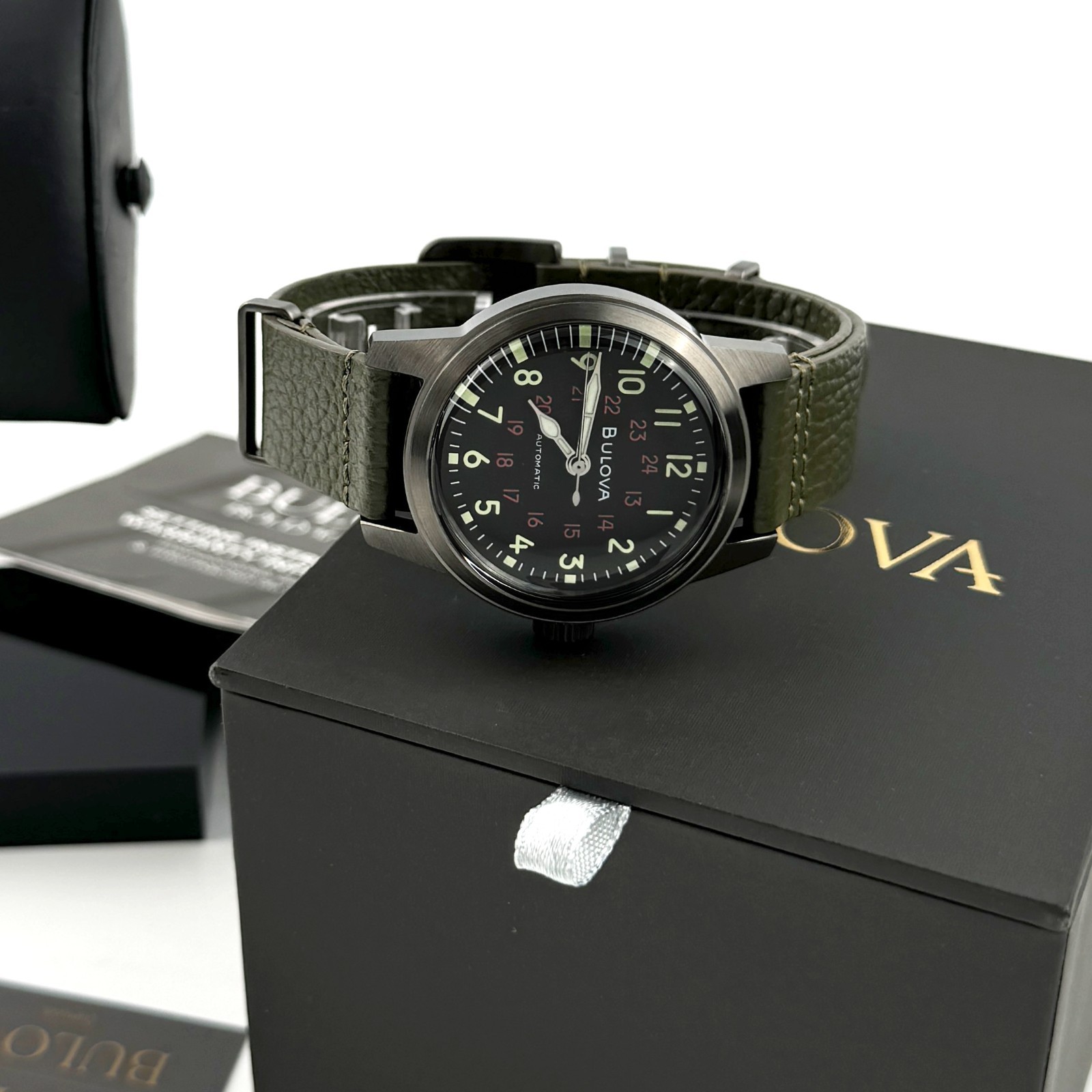Bulova 98A255 Men’s Hack Watch automatic Black Dial Leather Men’s Watch 38mm