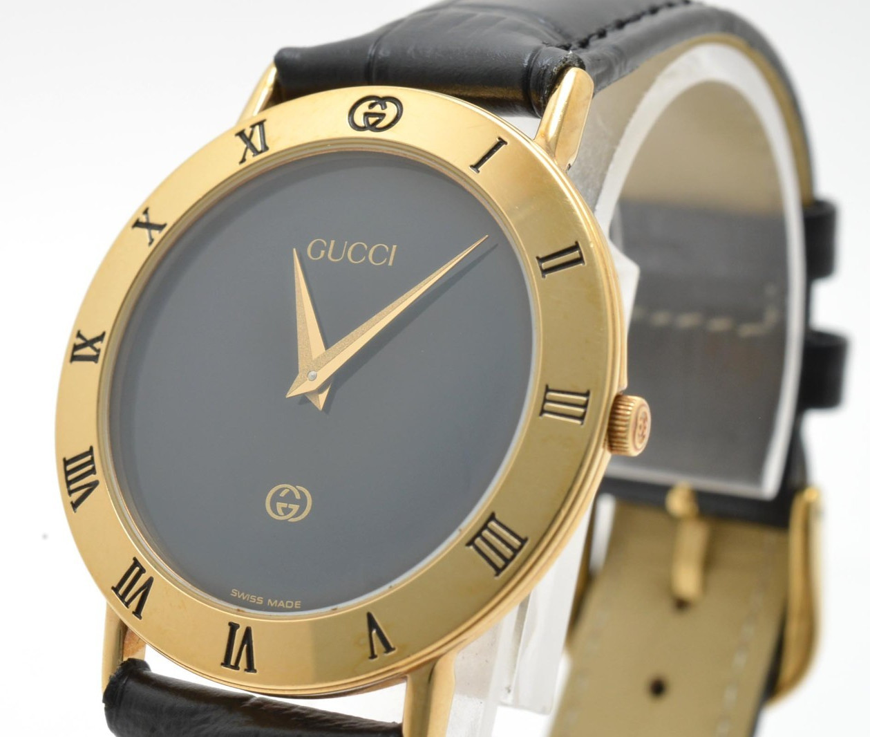 GUCCI 3000M Quartz Men’s Watch Black Dial Gold Roman Bezel Swiss Made