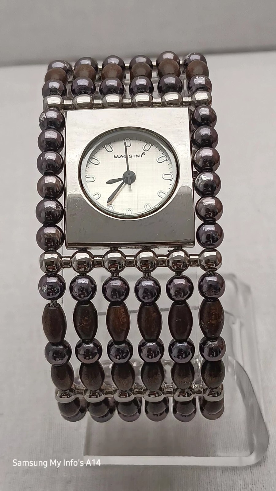 MASSINI WATCH SILVER BALLS & BROWN WOODEN BEADS CUFF BAND. NEW BATTERY.