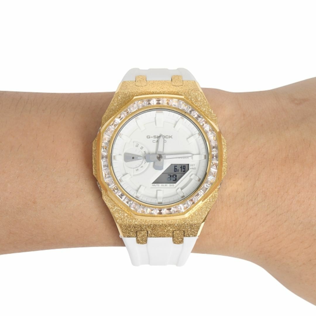 G-Shock GA2100 White Metal Gold Custom Frosted Baguette CZ Bezel Rubber Band Cas