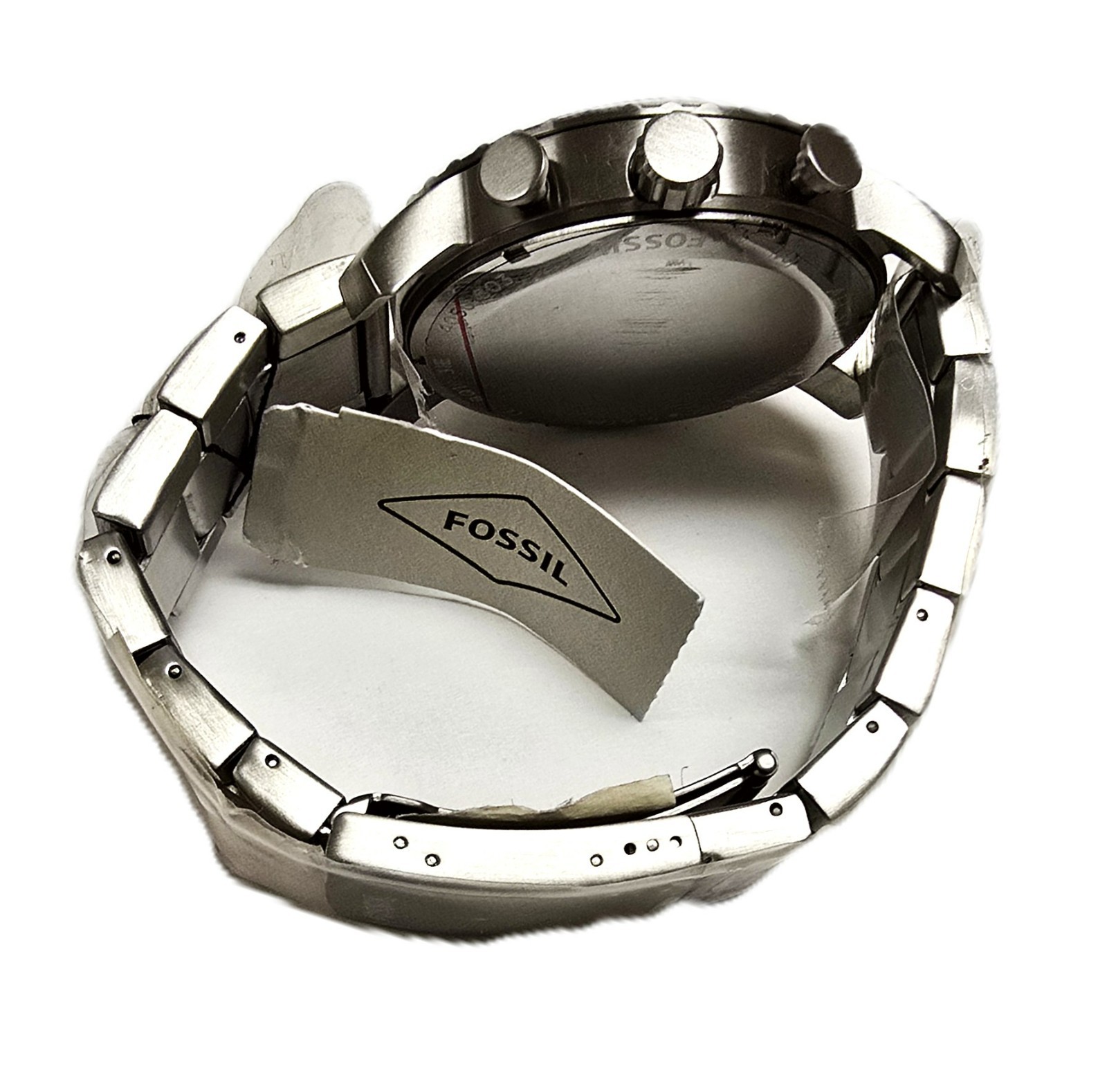 NEW FOSSIL SILVER TONE S/S,CHRONOGRAPH LARGE WHITE DIAL BRACELET WATCH BQ1653IE