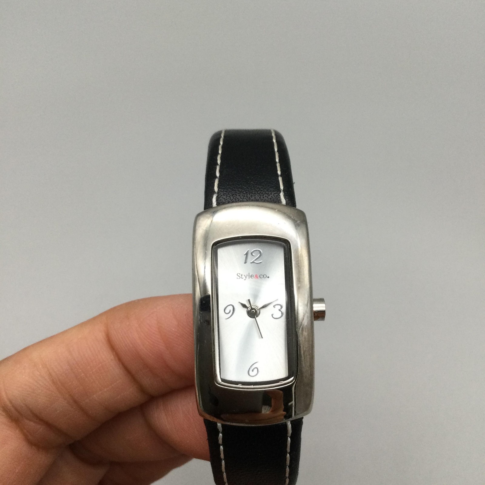 Style&co Womens Watch 18mm Silver Tone Black Leather Open Cuff New Battery