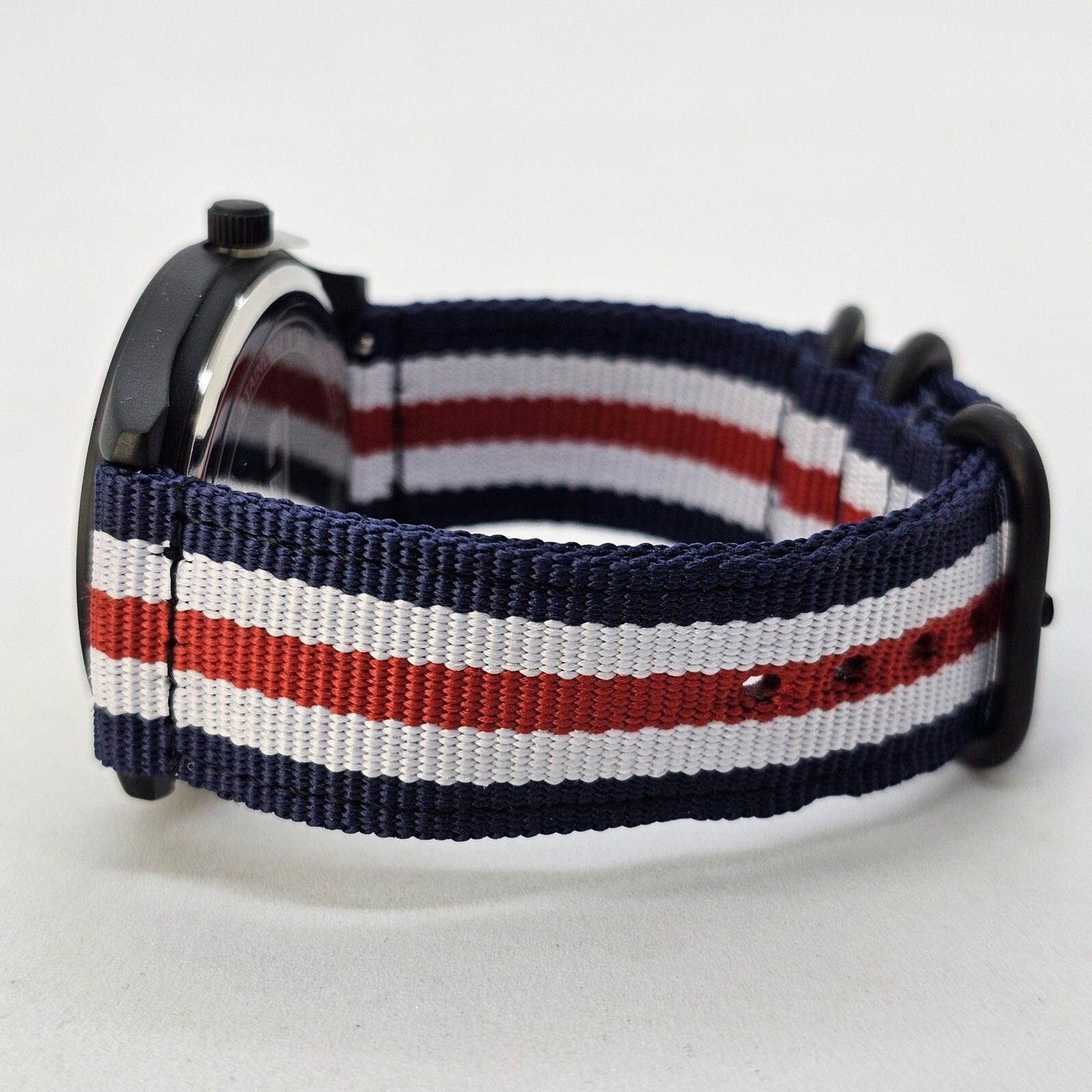 Field Men’s Watch 42MM Black Case Dial Blue White Red Canvas Band Straps NewBatt