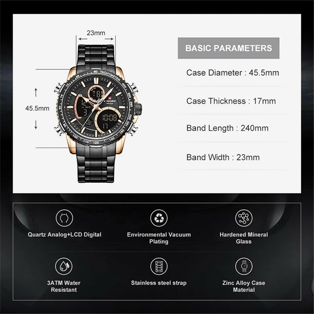 NAVIFORCE Men Sport Watch Big Dial Chronograph Quartz Wristwatch Steel Watches