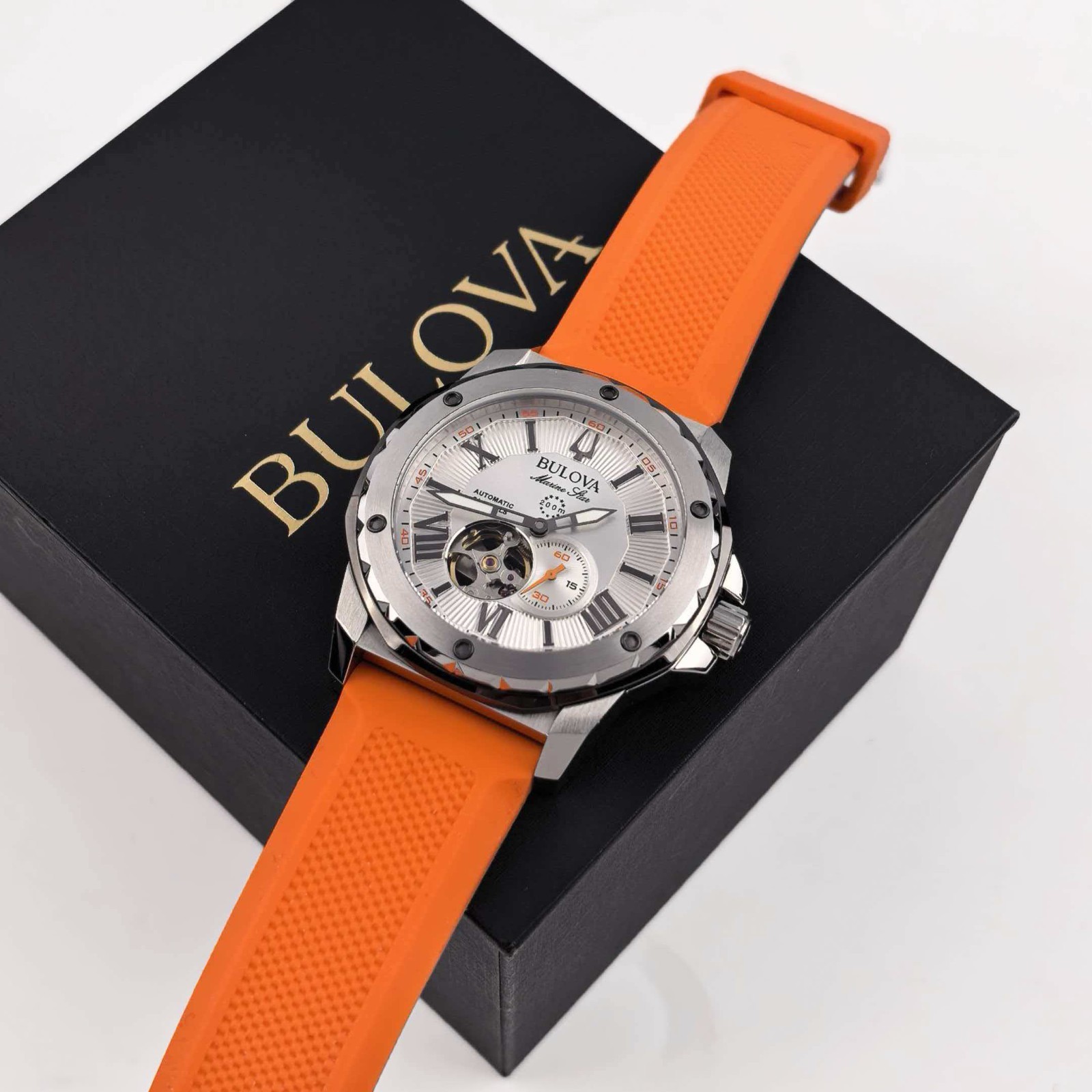 Bulova 98A226 Marine Star Men’s Silver Dial Orange Rubber Strap Automatic Watch