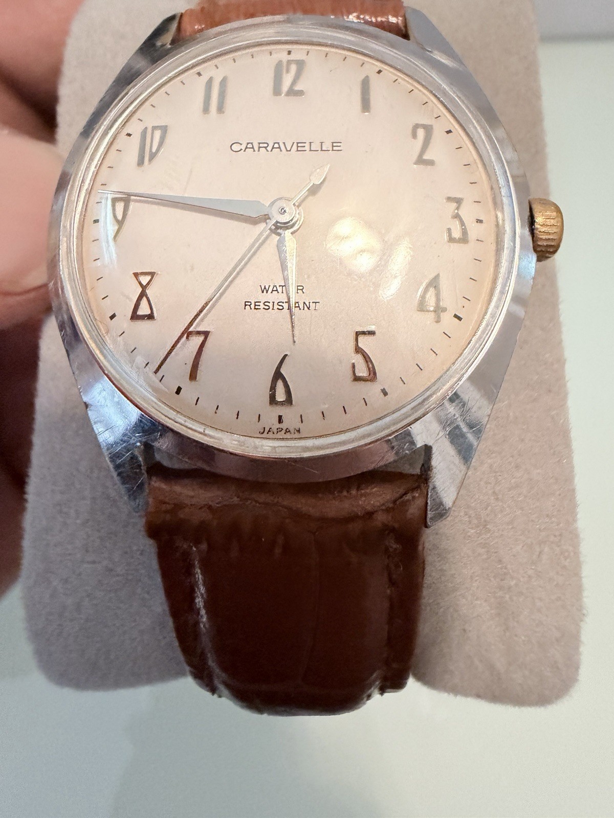 Caravelle Vintage Manual Wind Dress Watch 34mm Silver Dial Brown Leather