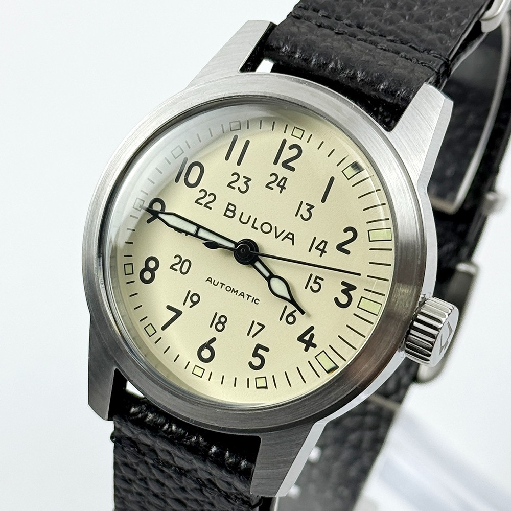 Bulova Men’s Hack Automatic Ivory Dial Black Leather Strap Watch 96A246