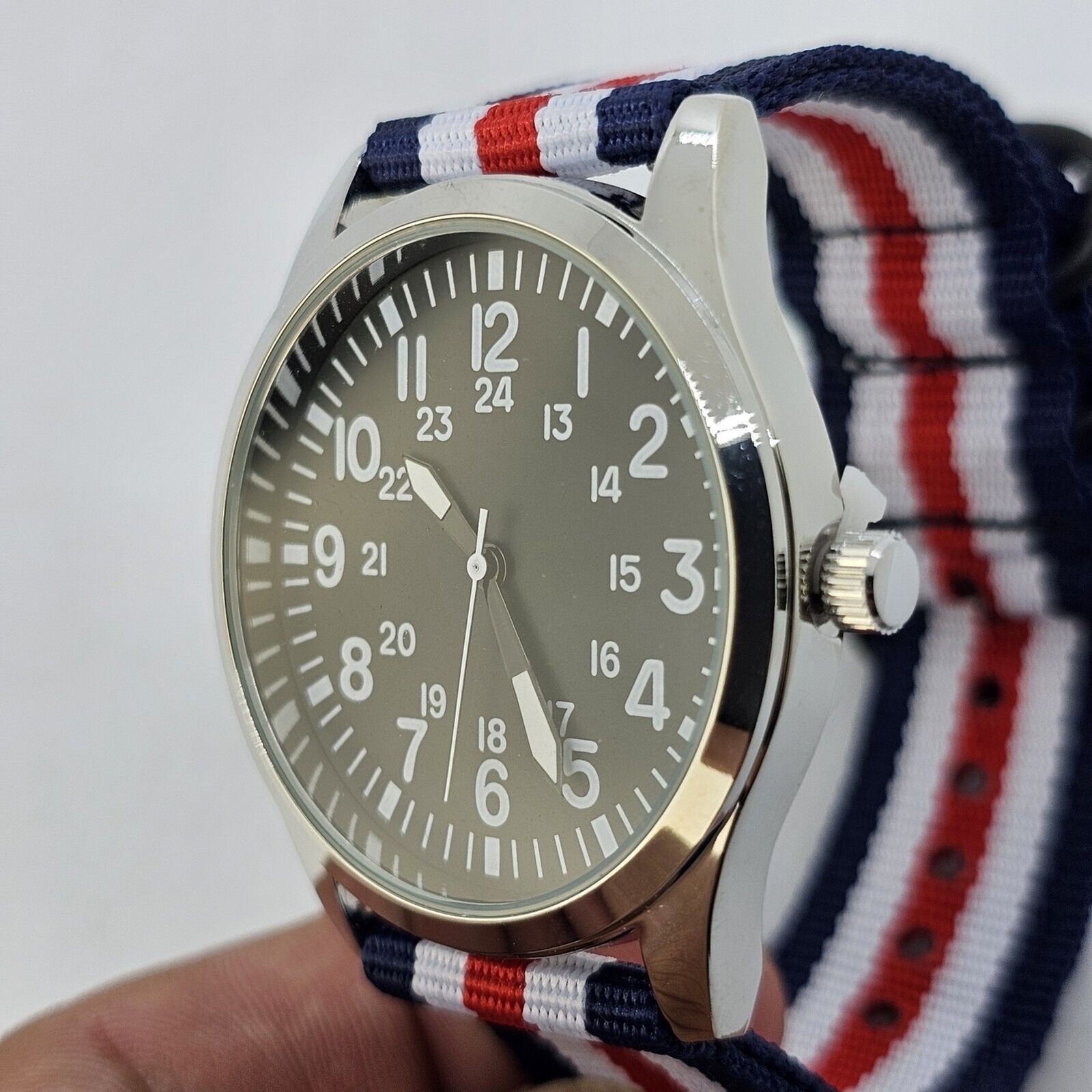 Men’s Field Military Watch 42MM Black Dial Blue White Red Canvas Band Straps