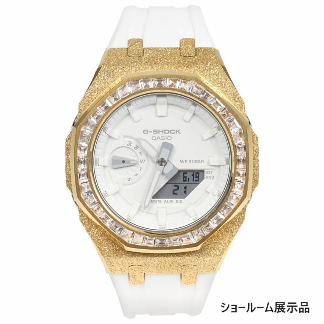G-Shock GA2100 White Metal Gold Custom Frosted Baguette CZ Bezel Rubber Band Cas